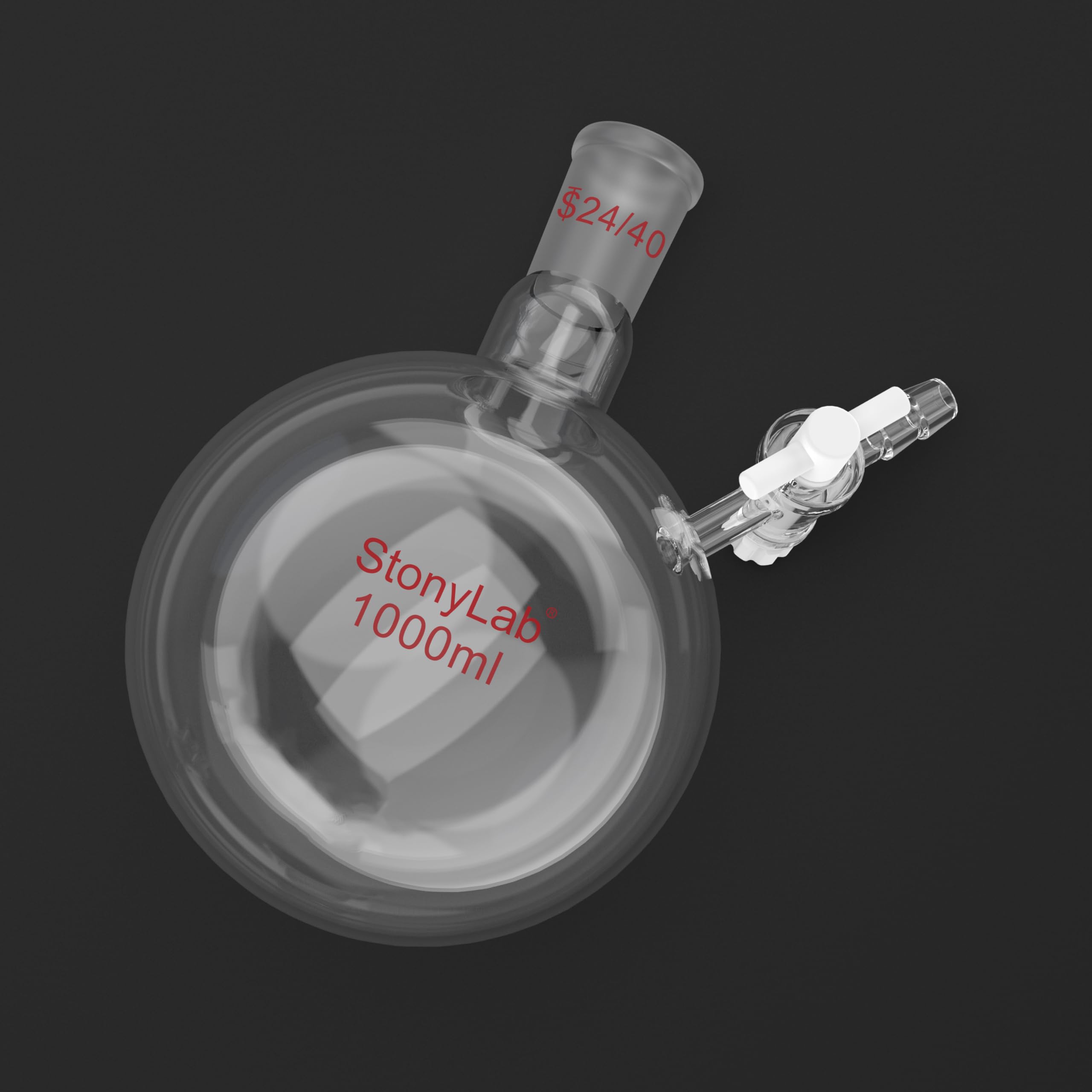 stonylab Reaktionskolben, Borosilikatglas-Einzelhals-Reaktionskolben mit 24/40-Gelenk und PTFE-Hahnventil, Rundbodenkolben, 1000 ml