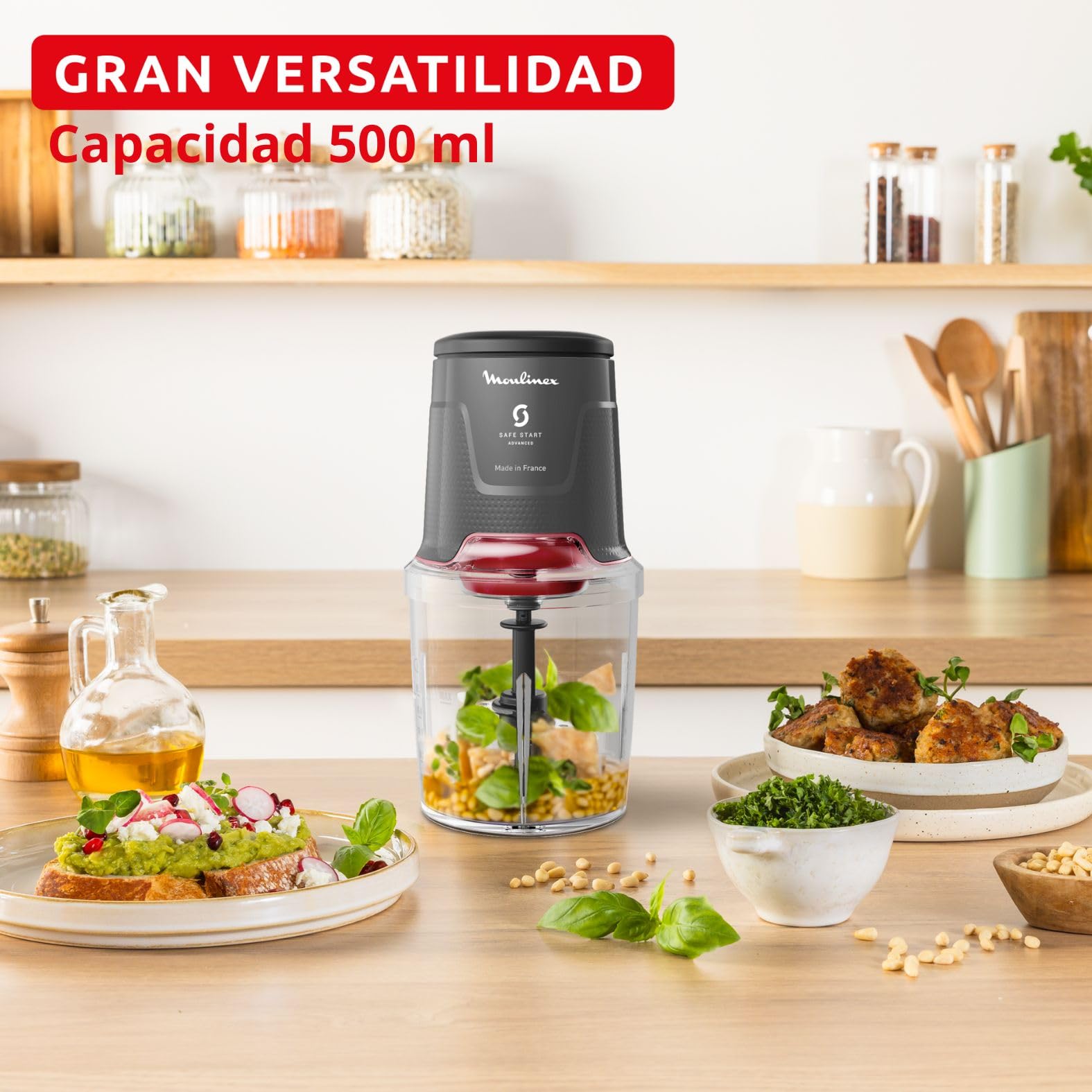 Moulinex Easy Press, Picadora de alimentos, 600 W, Capacidad de 500 ml, 4 cuchillas afiladas de acero inoxidable, Tecnología Safe Start Advanced, 3 funciones, Apta lavavajillas, Gris, AT740HF1