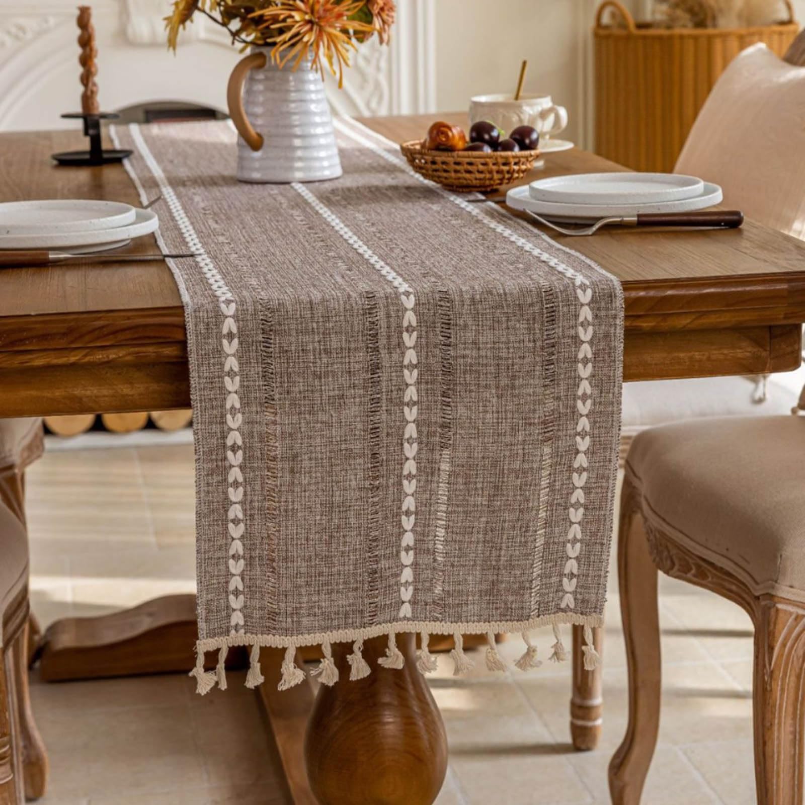 Runner da tavolo in cotone e lino, stile rustico, con nappe a mano, decorazione per tavolo da cucina, tovaglia per feste, sala da pranzo, decorazione per tavolo da dessert, adatto per autunno e