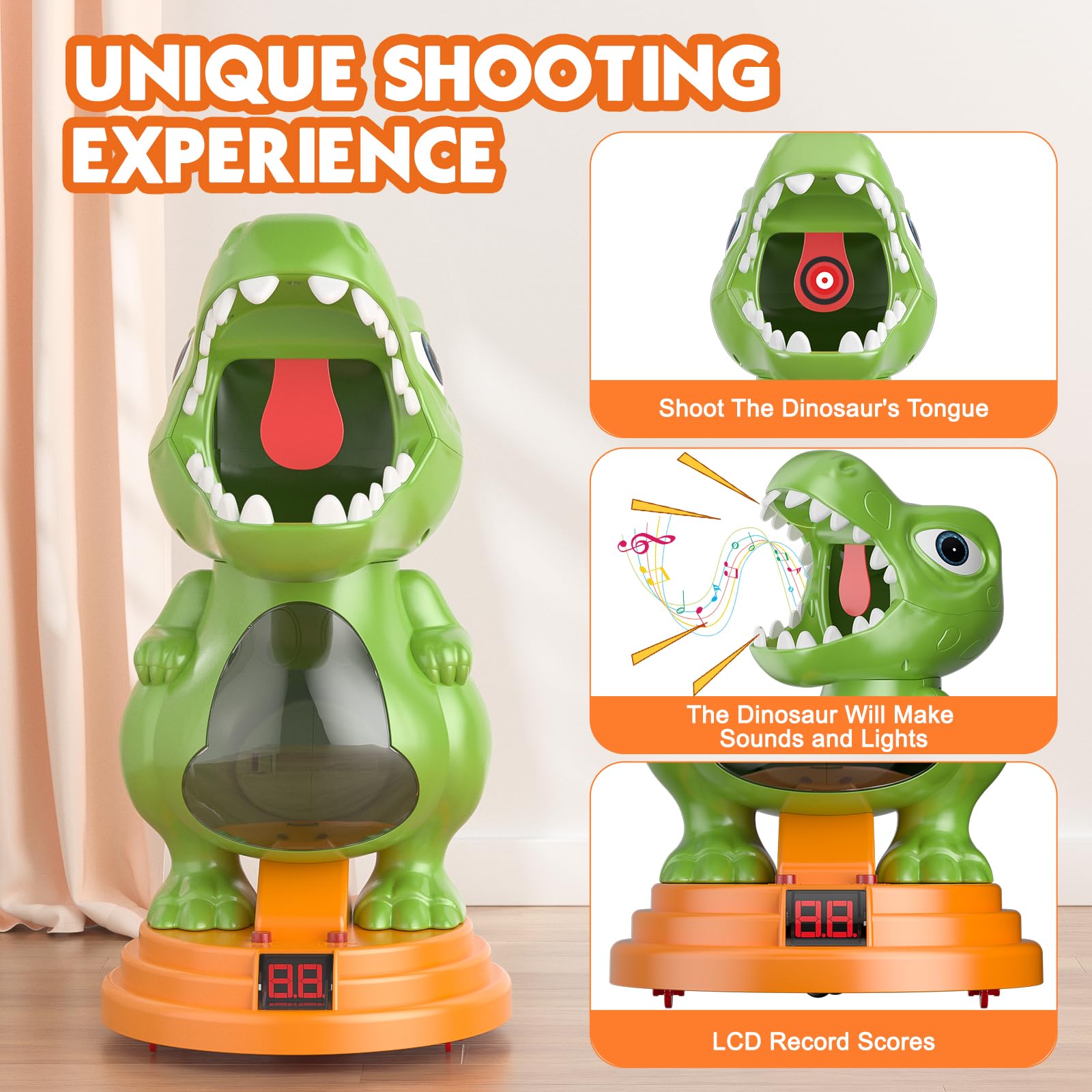 fygurso Giocattolo sparatutto Mobile con Dinosauri con 2 Pistole a Pompa d'Aria, Giochi di tiro al Bersaglio con punteggio LED, Luce e Suono, 24 Palline di Schiuma per 3+, Regalo per Ragazzo (Verde)