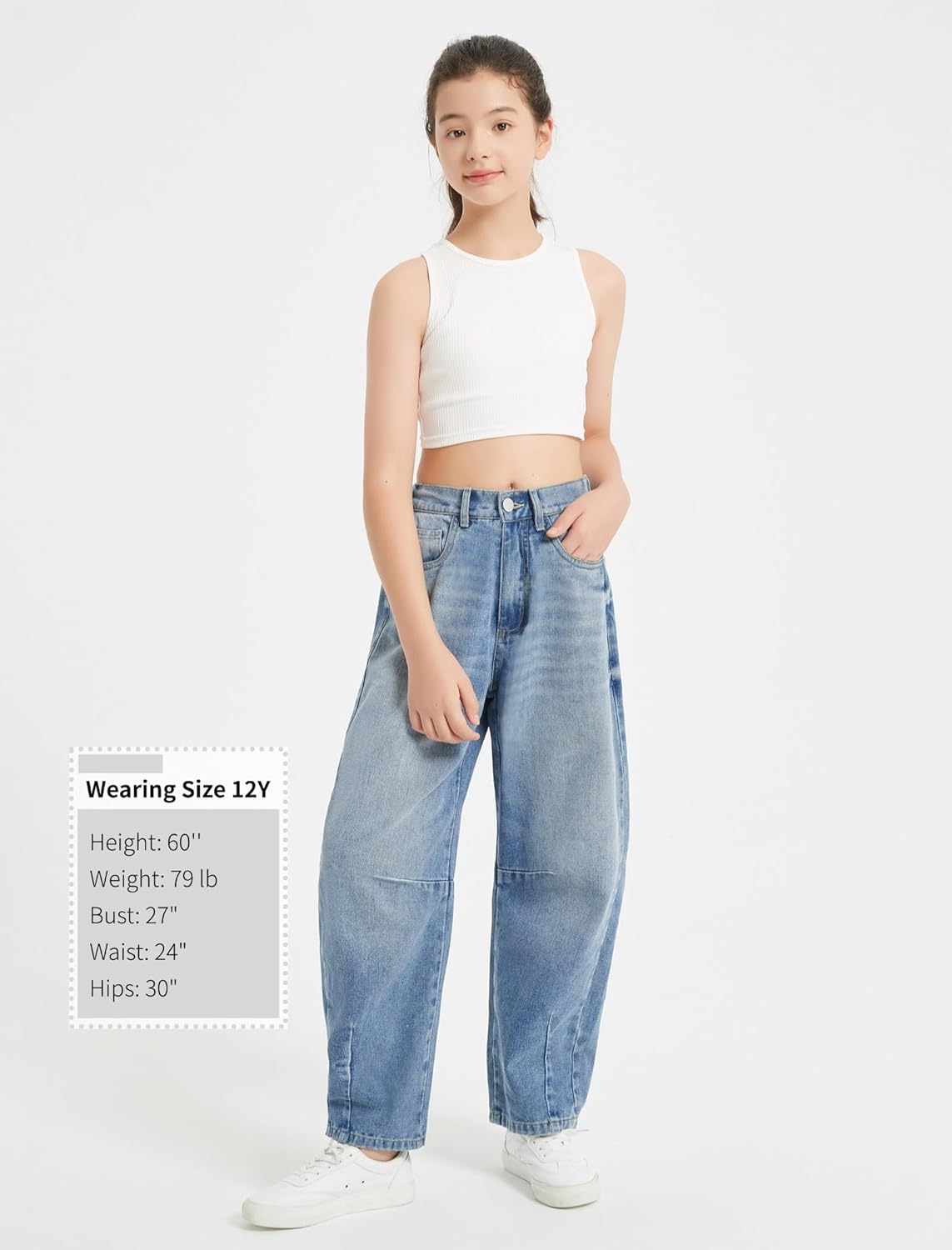 EXARUS Girls Wide Leg Jeans Baggy Barrel Cropped Ankle Length Denim Pants Mid Rise Elastic Band with Pockets Kids 6-14Y - Image 5