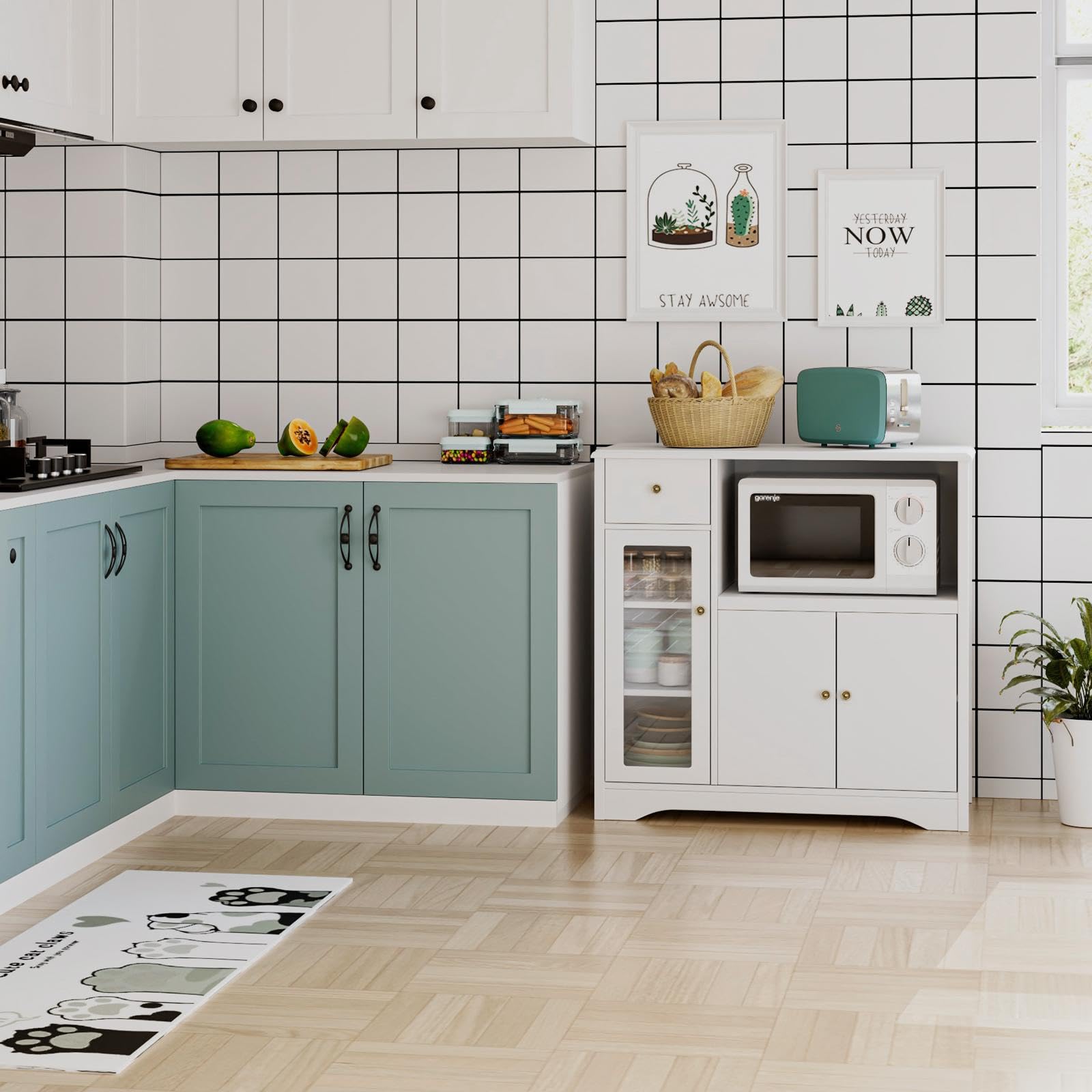 HOCSOK Credenza Microonde Cucina, Credenza Soggiorno Moderno, Armadietto da Terra con 3 Ante, adatto per Cucina, Soggiorno, Bianco, 90x40x82cm