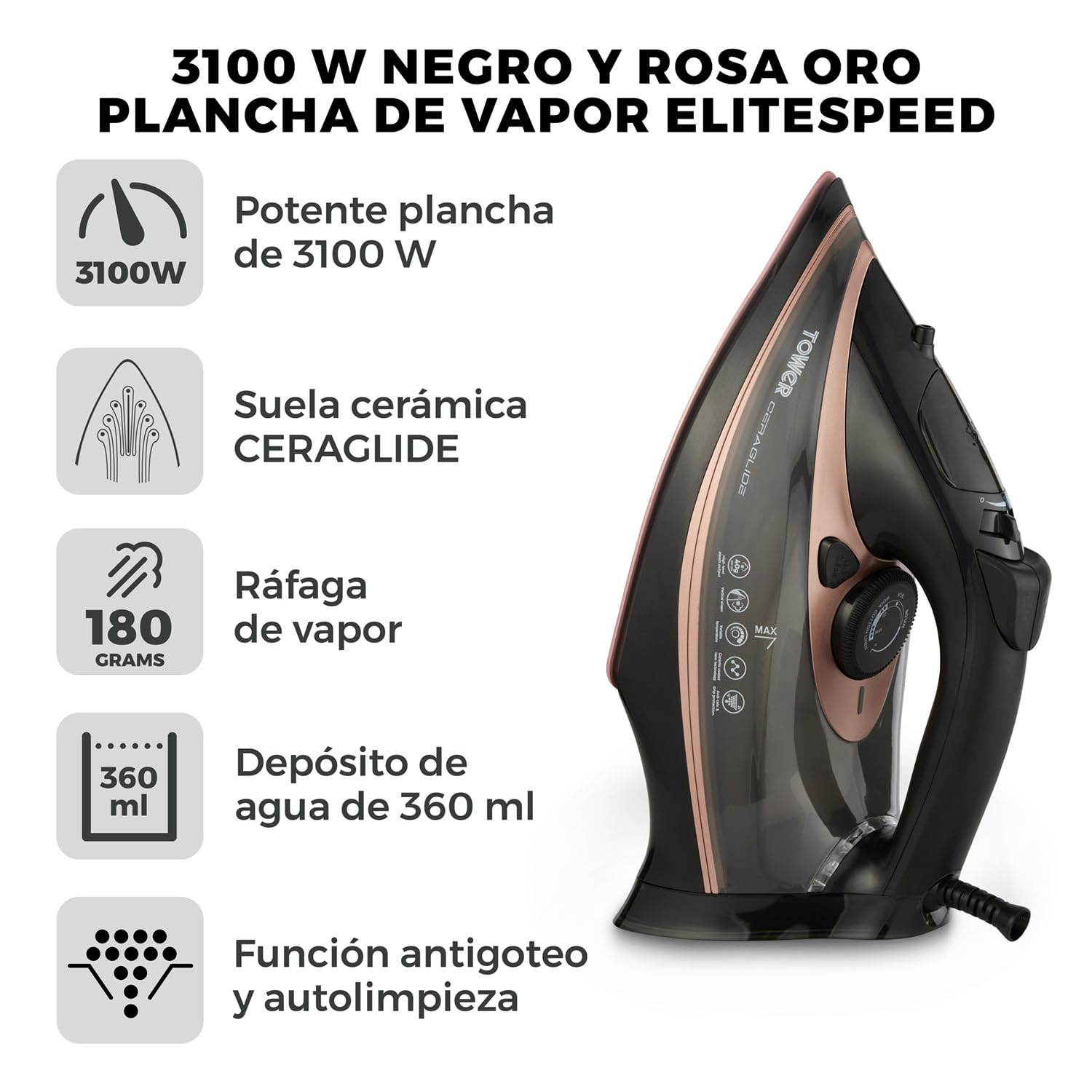 Tower T22013 CeraGlide żelazko parowe, płyta ceramiczna, 3100 W, różowe złoto i czerń
