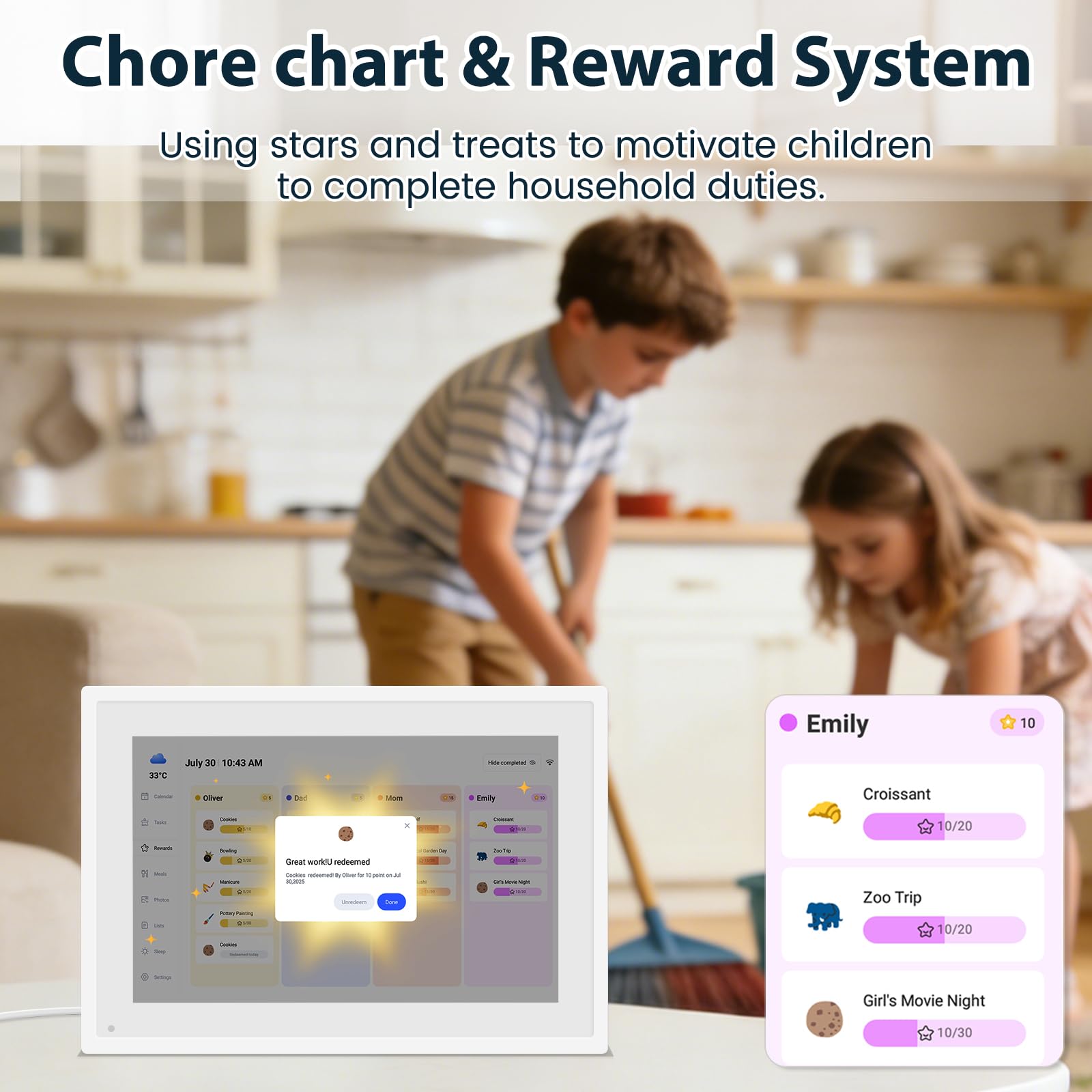 15.6 Zoll Digitaler Kalender Wand | digitaler familienplaner groß mit Aufgaben & Belohnungssystem, Bilderrahmen | Synchronisiert mit Google & Outlook | Wand- & Tischhalterung inklusive