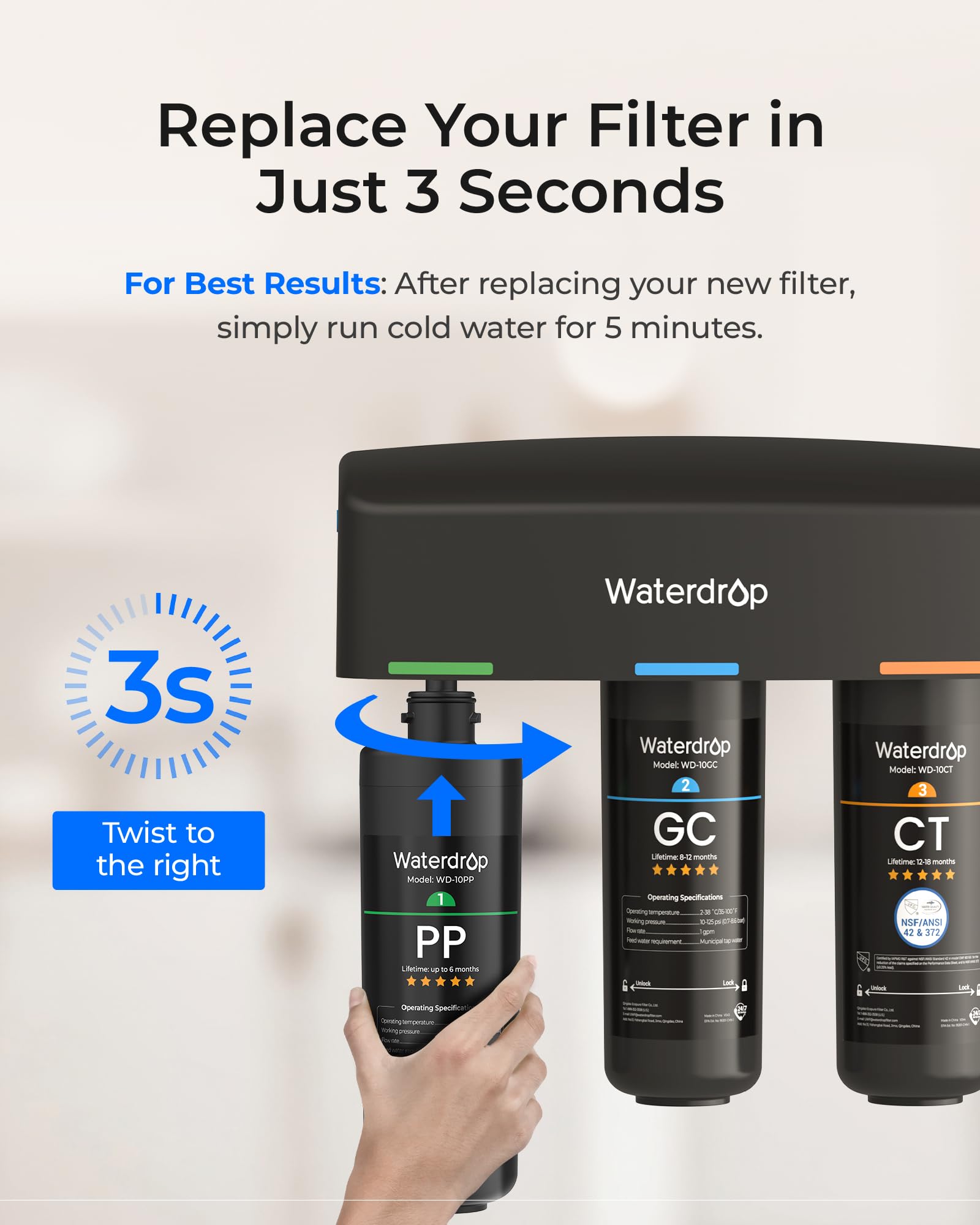Waterdrop WD-10PP Filtre à eau sous évier, remplacement pour système de filtre à eau sous évier Waterdrop TSA & TSB & TSB-CM à 3 étapes