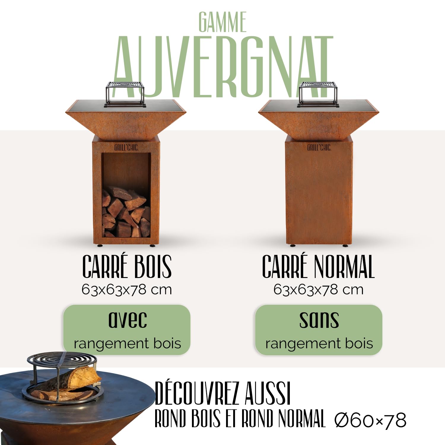 GRILL'CHIC - Pack Privilège Brasero Auvergnat Corten Bois Carré - Simple Cuve - Avec Bâche + Grille + Stop Food Inclus - À Assembler - Fabriqué en France - 63 L x 63 P x 78 H cm
