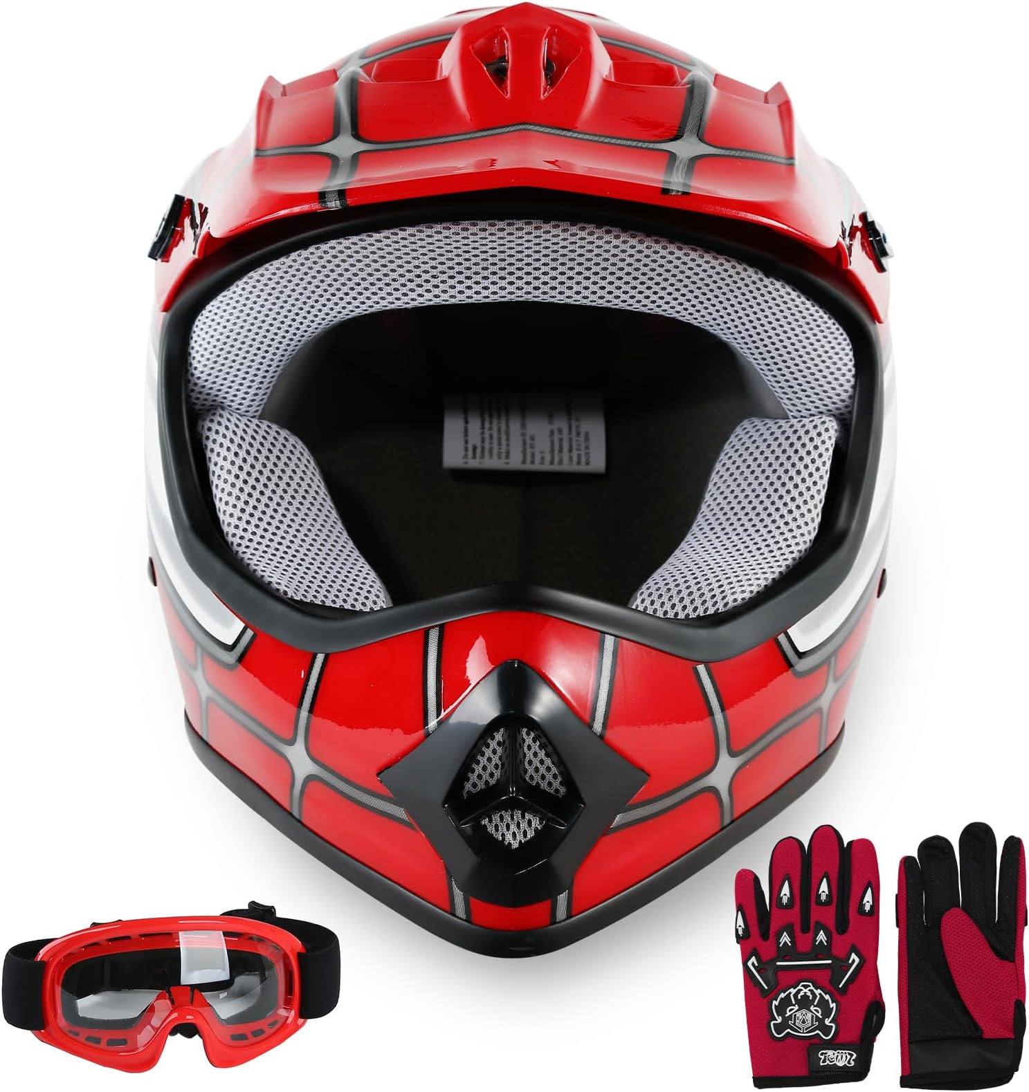 SLMOTO DOT Approved Youth Kids BMX MX ATV Off-Road Dirt Bike Helmet Motorcycle Helmet Dirt Bike Motocross Downhill Mountain Bike Red Spider Helmet+Goggles+Gloves