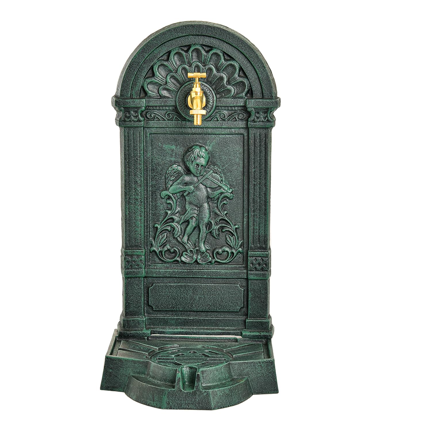 Sungmor Antique Green-Angel Cast Iron Outdoor Water Column With Faucet, Freestanding Decorative Water Fountain Yard Hydrant Retro Tap For Garden Farm Backyard Irrigation Washing