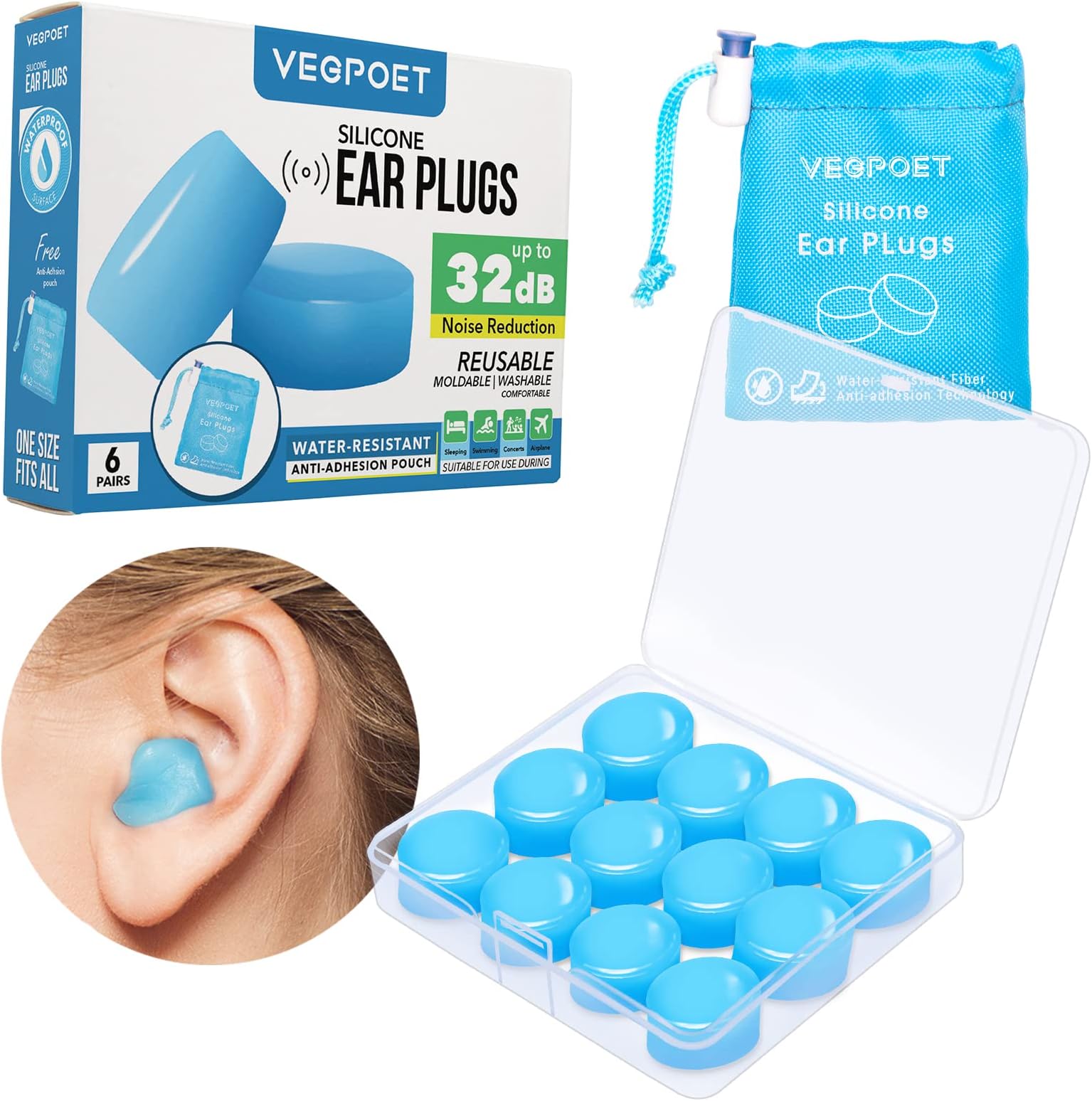 Ear Plugs for Sleeping - Reusable Moldable Silicone Earplugs Noise Cancelling Reduction for Concerts, Swimming, Shooting, Snoring, Airplane, Musicians, Motorcycle, 12 Pack