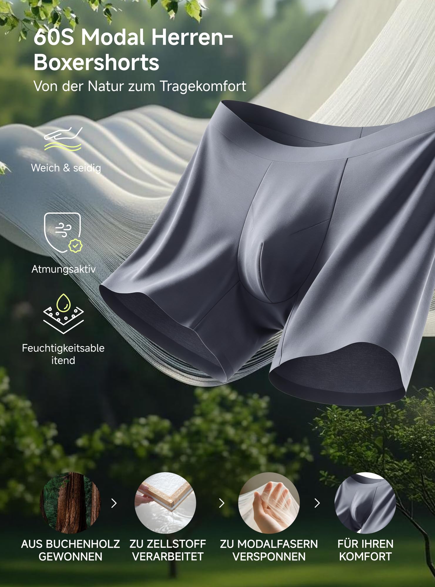 TRENDOUX Herren Boxershorts aus Modal und Merinowolle, Nahtloser Komfortbund und Beinabschlüsse, Weiches Dehnbares Längeres Bein und 3D-Komfortbeutel für Optimalen Komfort Modal Retroshorts