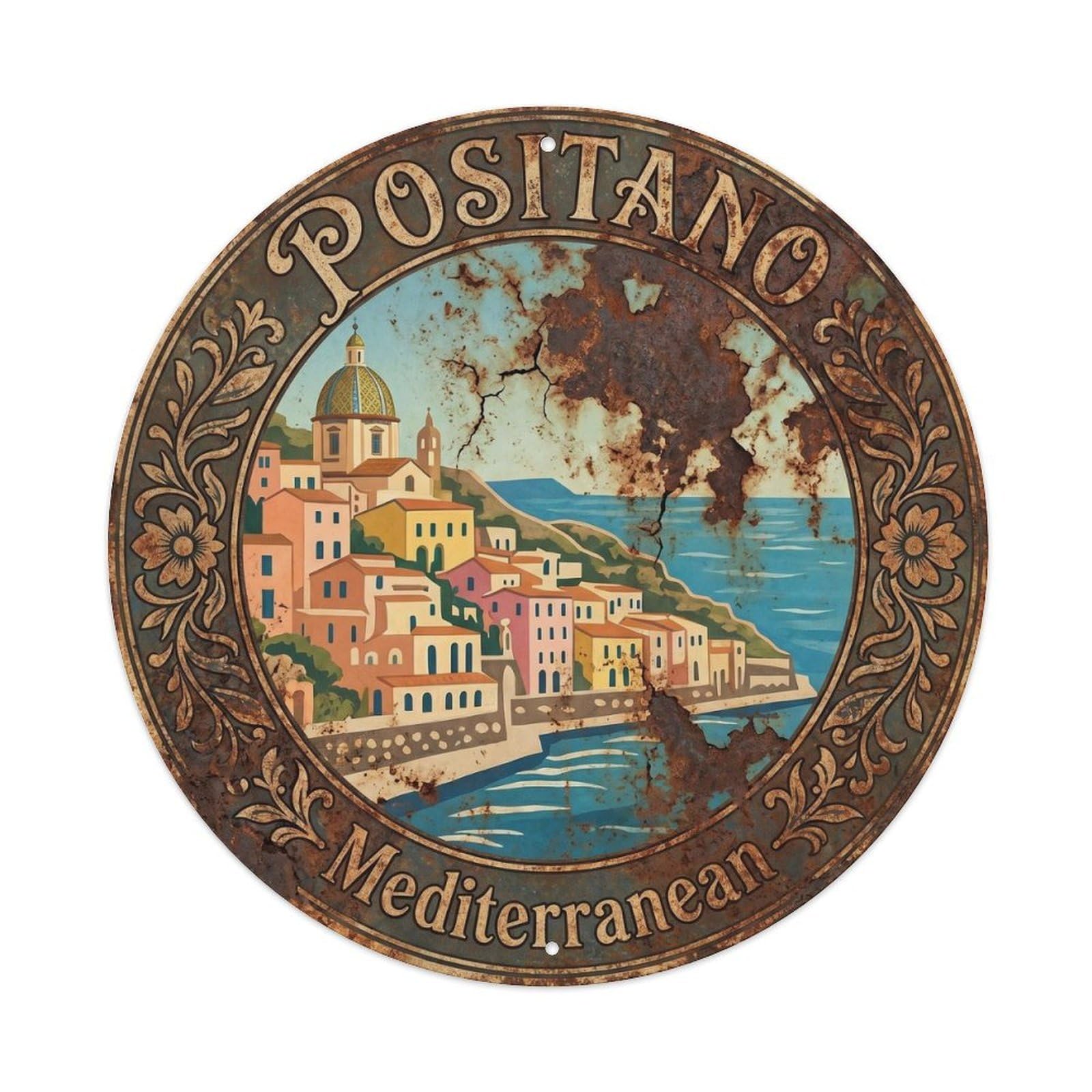 Mediterranean Positano Coastal Rustic Southern Italy Metal Tin Sign Plaque Wall Decor for Cafe, Man Cave, Club Bar, Office, Home Garden Round Metal Poster 8x8Inch