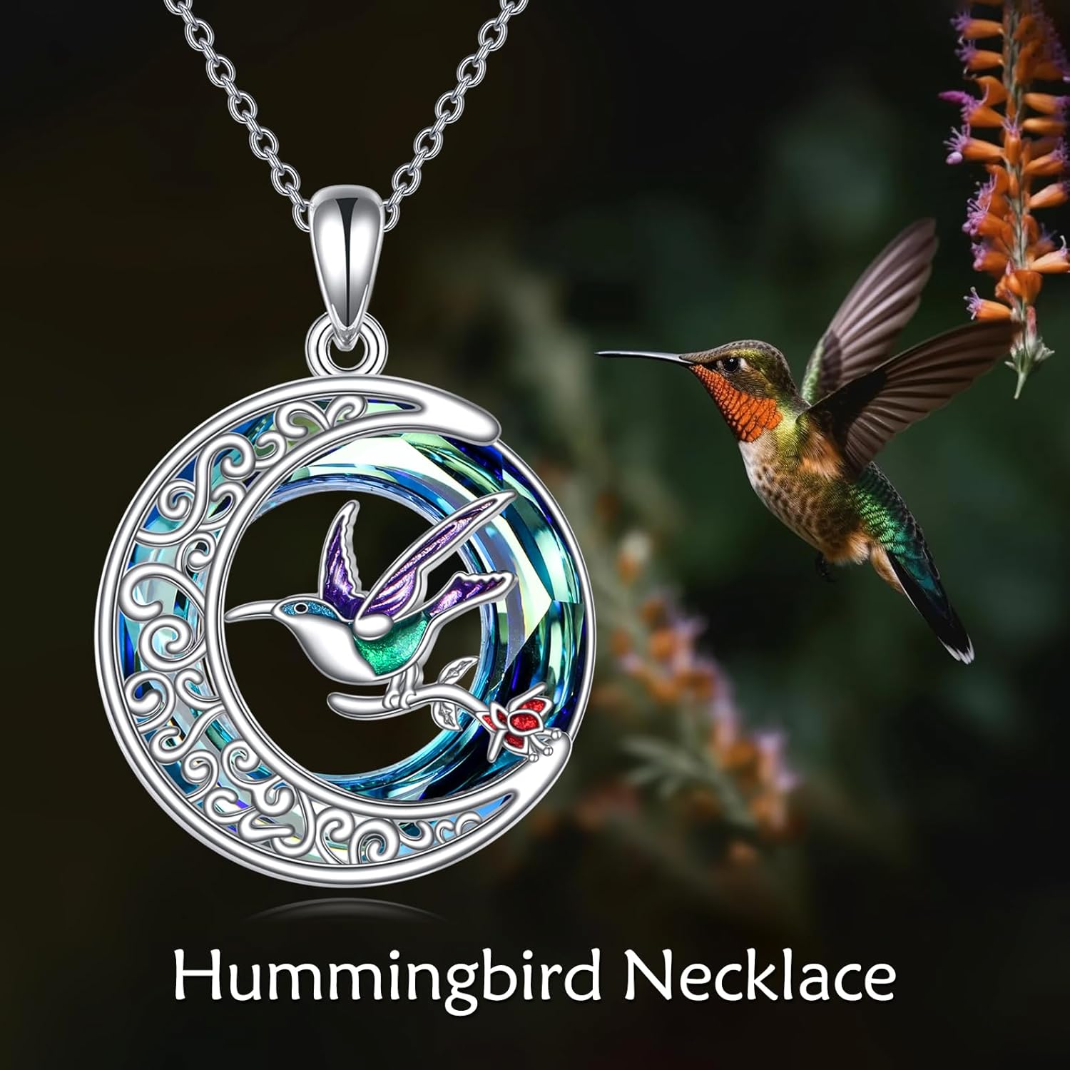 Hummingbird Necklace 925 Sterling Silver Moon Pendant Blue Crystal Jewelry Gifts for Women - Image 6