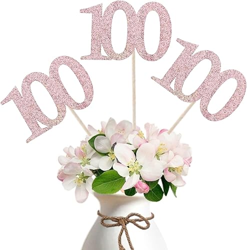 Miniatura 7 de Paquete de 10 palos de centro de mesa de aniversario de 100 cumpleaños con purpurina de doble cara, número 100 para decoración de fiesta de mesa de