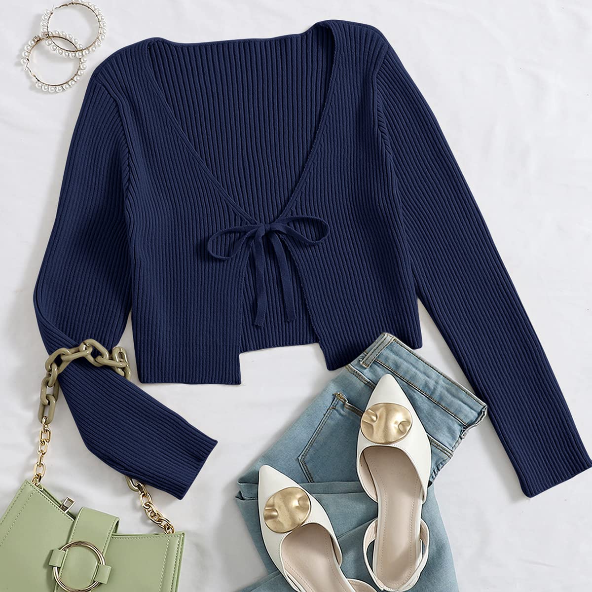 Floerns Women's Tie Front Long Sleeve Rib Knit Shrug Sweaters Cardigan Crop Top