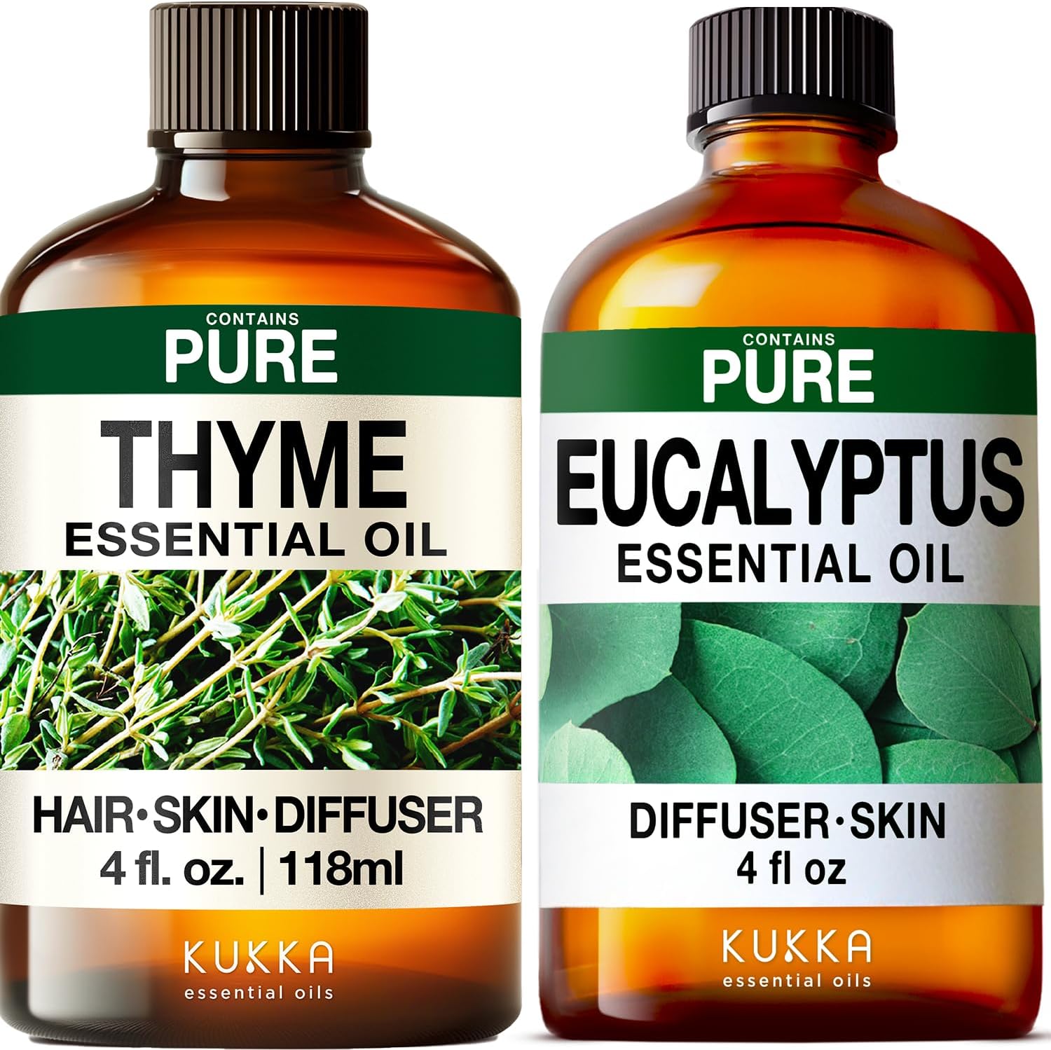 Thyme Oil for Hair & Eucalyptus Essential Oil for Diffuser Set - Aromatherapy Grade Essential Oils Set - 2x4 fl oz - Kukka