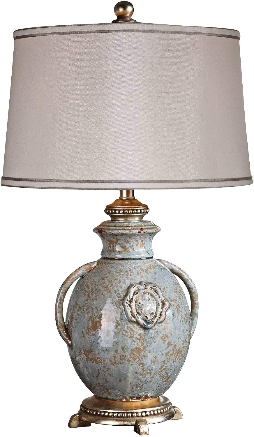 BOWERY HILL Modern Textured Ceramic Table Lamp, Distressed Light Blue Finish, 28.5 in Tall, Off-White Linen Shade, 150W Single Light, Designer Accent Lamp for Indoor Living Room or Bedroom Use