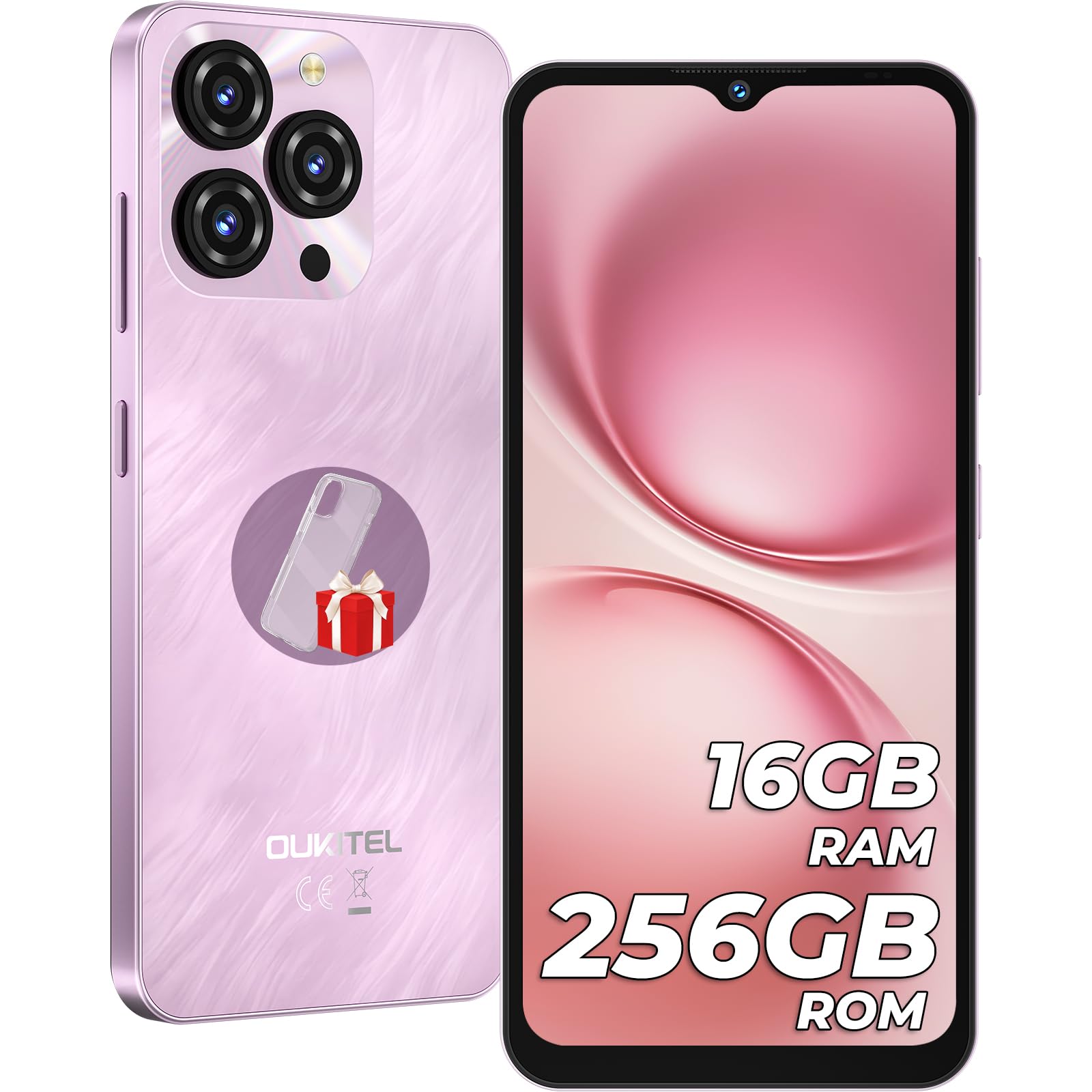 OUKITEL C3 Telefono Cellulare-16 GB + 256 GB / 1 TB, Display Waterdrop HD + da 6,5", Batteria da 5000 mAh, Telefono Android, Doppia SIM 4G Gratuita Sbloccata, Impronta Digitale-Rosa