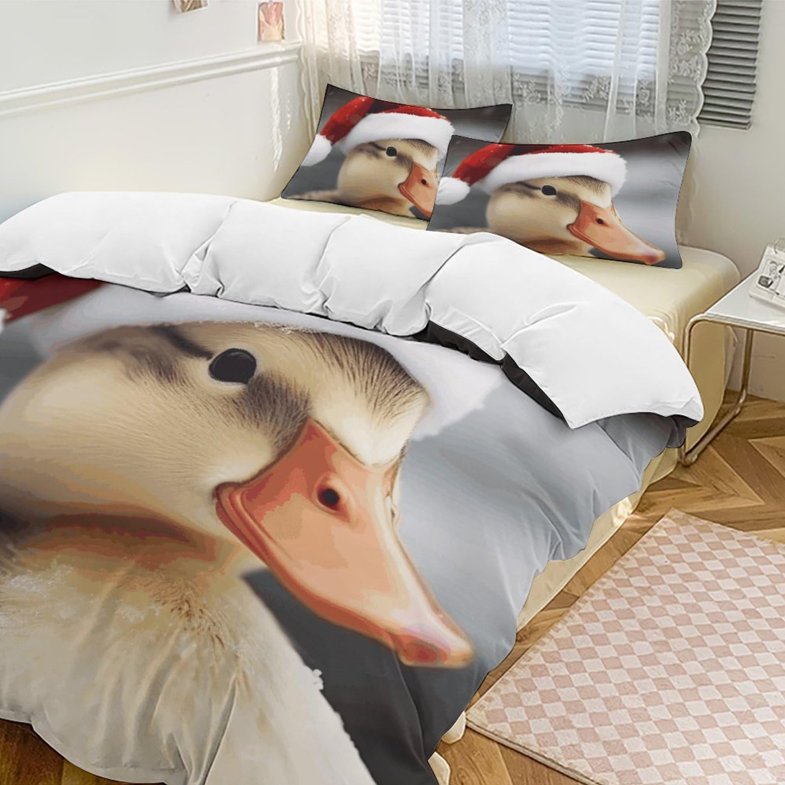 Housse de couette anti-glissement microfibre 218x177 cm canard de Noël pour literie adulte