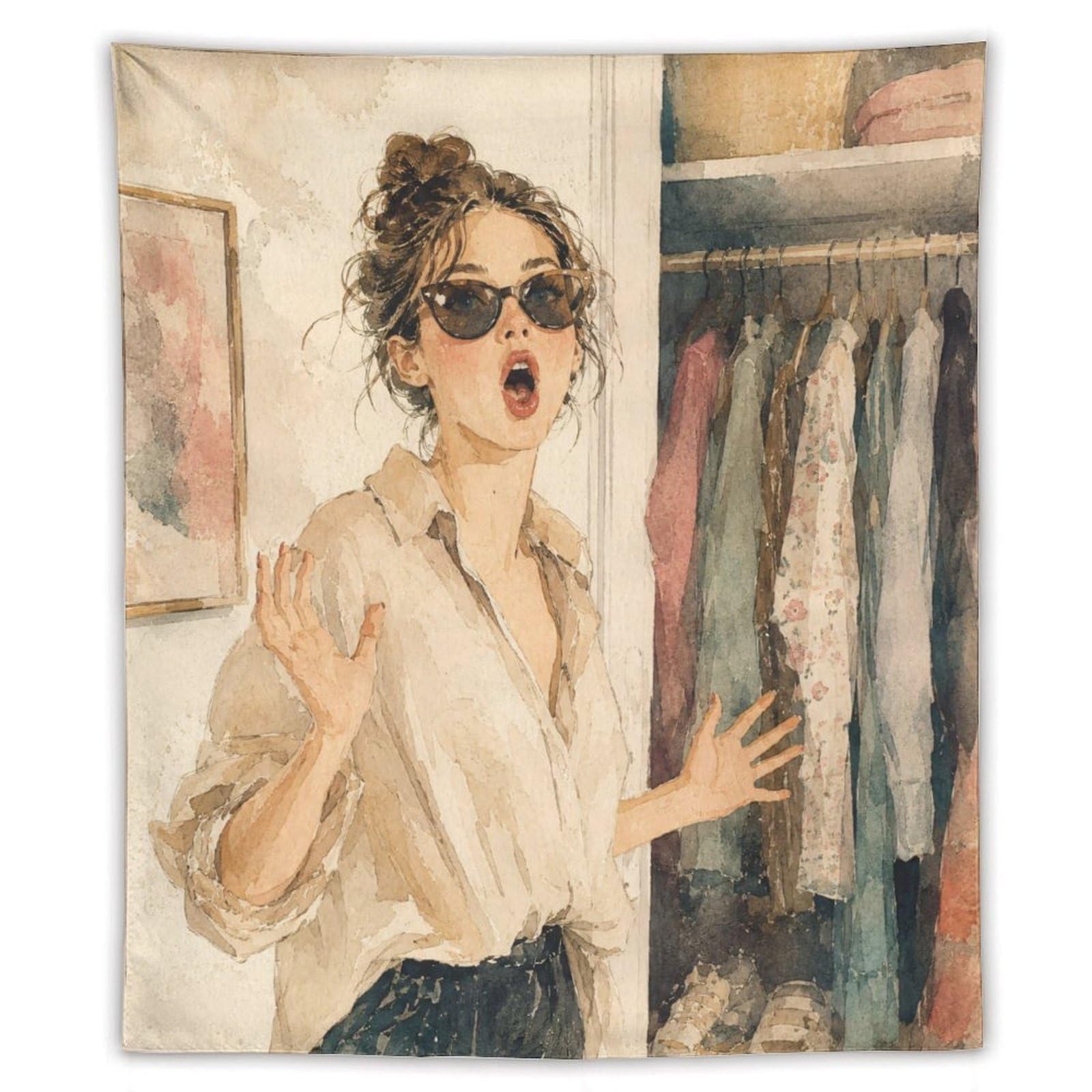 W7C8U2X3 Fashion Woman in Closet Wall Tapestry, Oil Painting, Room Divider