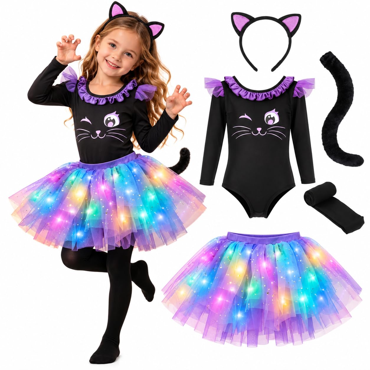 Girls Cat Halloween Costume Set, Light‑Up Tutu Skirt with LED Lights, Long Sleeve Cat Print Bodysuit, Cat Ear Headband, Tail & Tights, Kids Fancy Dress Outfit for Halloween Party Cosplay