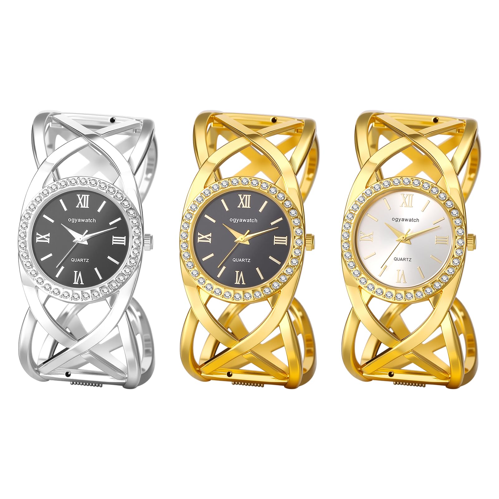 JewelryWe Reloj de pulsera gruesa para mujer: reloj de pulsera abierta de acero inoxidable en tono dorado, esfera analógica de cuarzo fácil de leer con números romanos con detalles de circonita cúbica