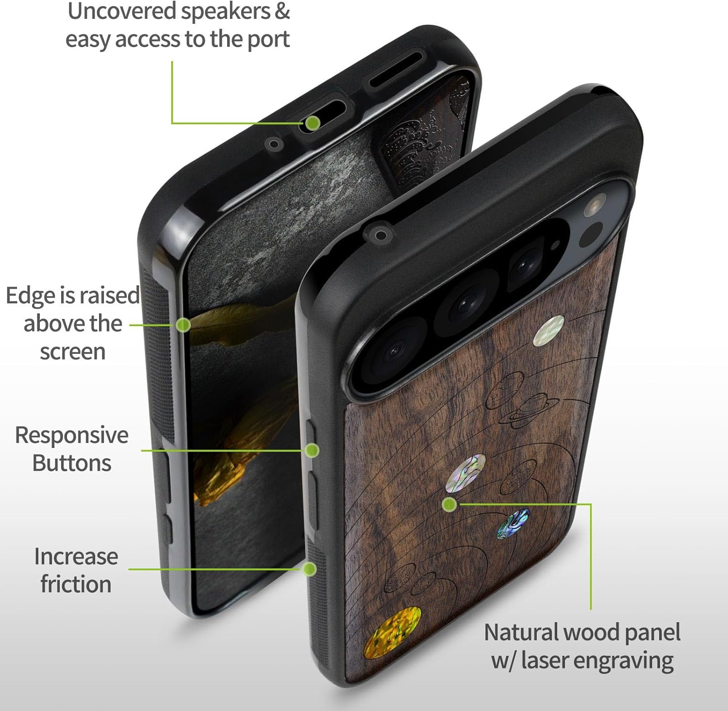 Carveit Magnetic Wooden Case for Google Pixel 9 Pro XL Case, Wood Artisan Engraved & Handmade Shell Inlaid, Compatible with MagSafe Wireless Chargers, Solar System - Walnut