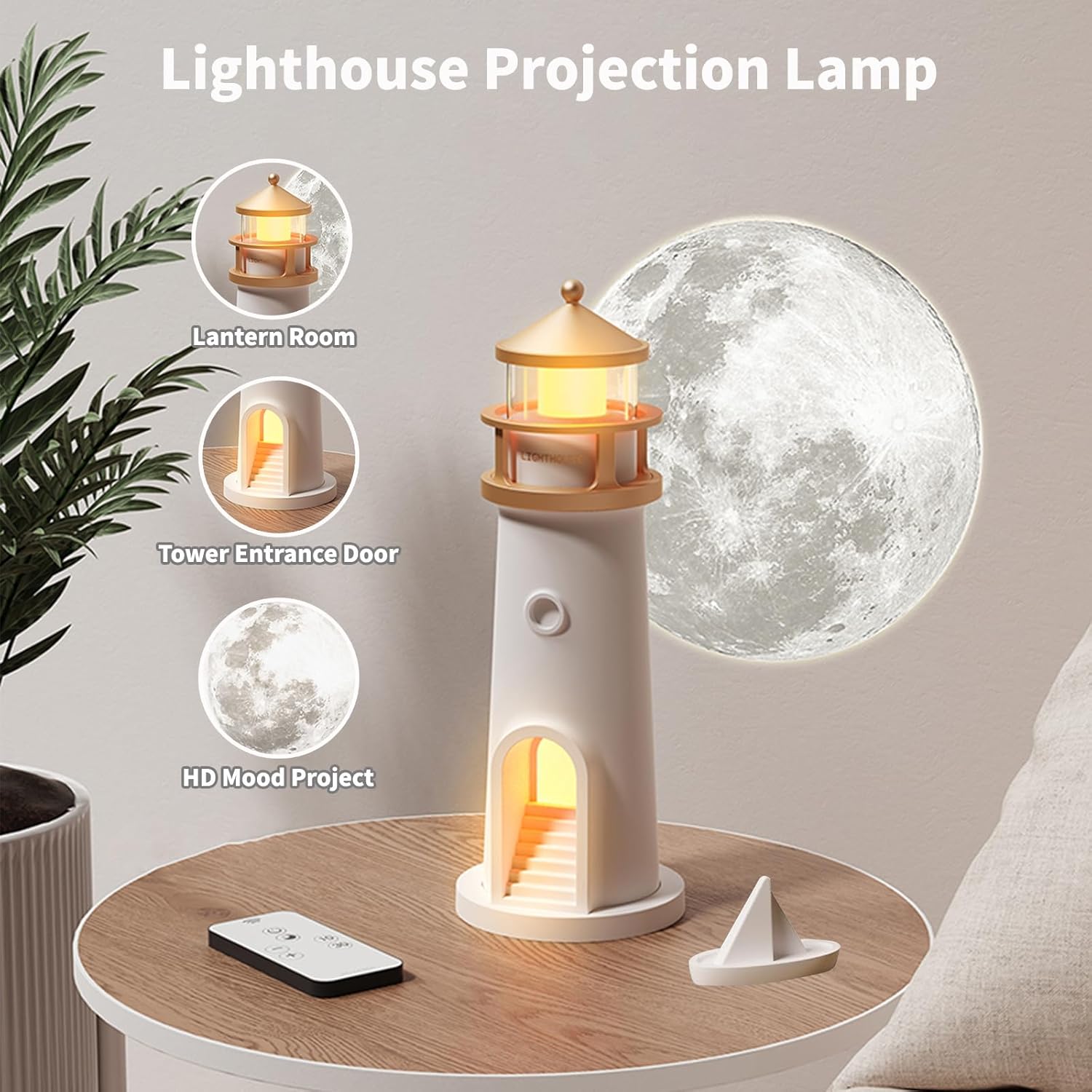 AVEKI Lighthouse Night Light for Kids Cute Lighthouse Lamp with Moon Projection 3 Levels Dimmable Wireless Table Lamp for Room Decor Rechargeable Led Moon Night Light Projector Gift for Kids Women