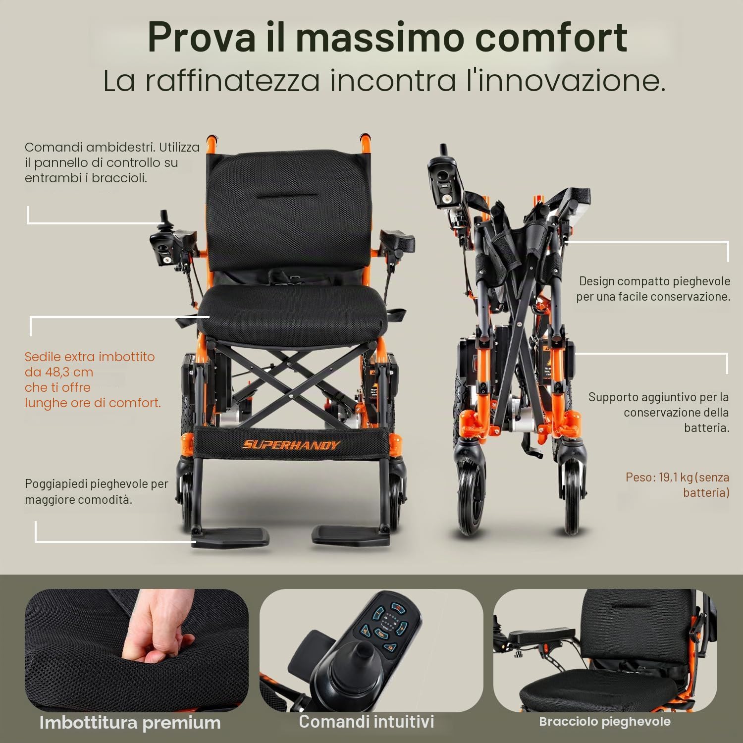 SuperHandy GoRide 2 Sedia a rotelle elettrica pieghevole, portata 150 kg | Solo 19 kg; doppi motori brushless, rotazione sul posto, freno elettromagnetico e design portatile per una mobilità agevole