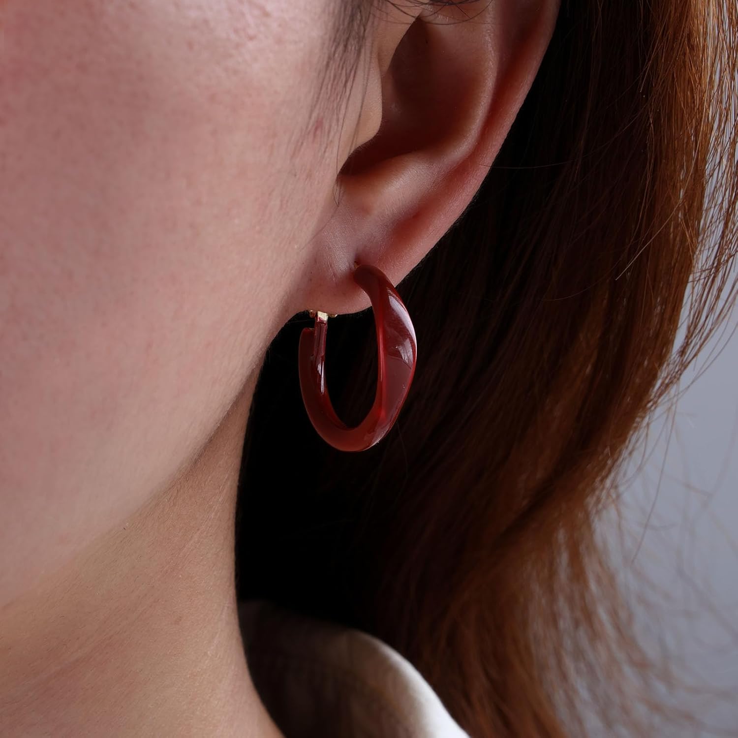 Burgundy Enamel Red Accent Hoop Earrings Vintage Acrylic Round Hoop Earring Classic Enamel Huggie Circle Earrings Round Burgundy Huggie Earring - Image 5