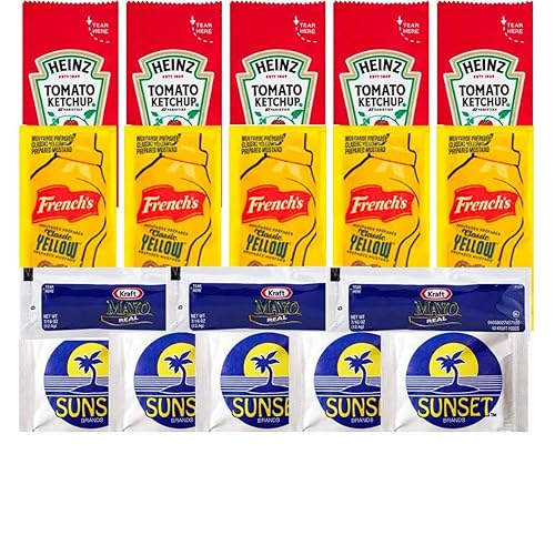 Condiment Packets Variety Pack - 50 Single Serve Pouches of Each Ketchup, Mustard, Mayo and Lemon Scented Finger Wipes- Great for Picnics, Boxed