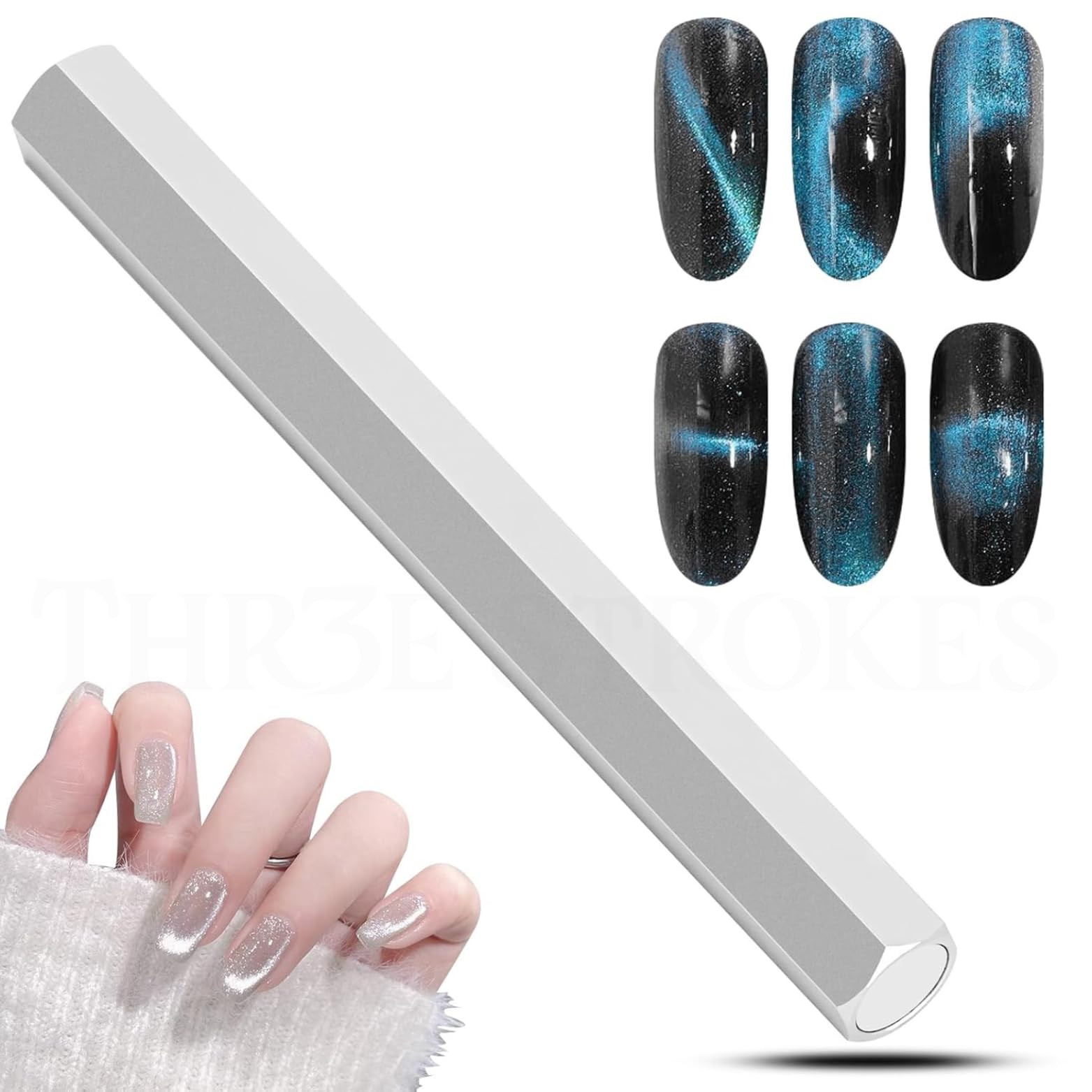 THR3E STROKES Cat Eye Magnet Tool,Professional Double-Ended Hexagon Strong Nail Magnet Stick for Cat Eye Gel Nail Polish,suitable for personal DIY, nail studio or nail salon(Silver)-image-45