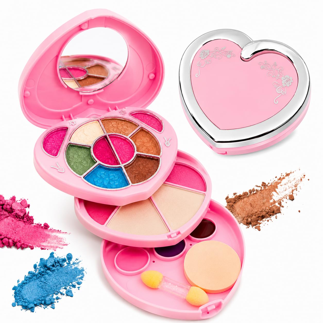 3 layer makeup kit set for women & kids, all-in-one compact beauty box | 3-layer all-in-one makeup kit with eyeshadows, blusher, compact, lip colors, sponge & applicator.
