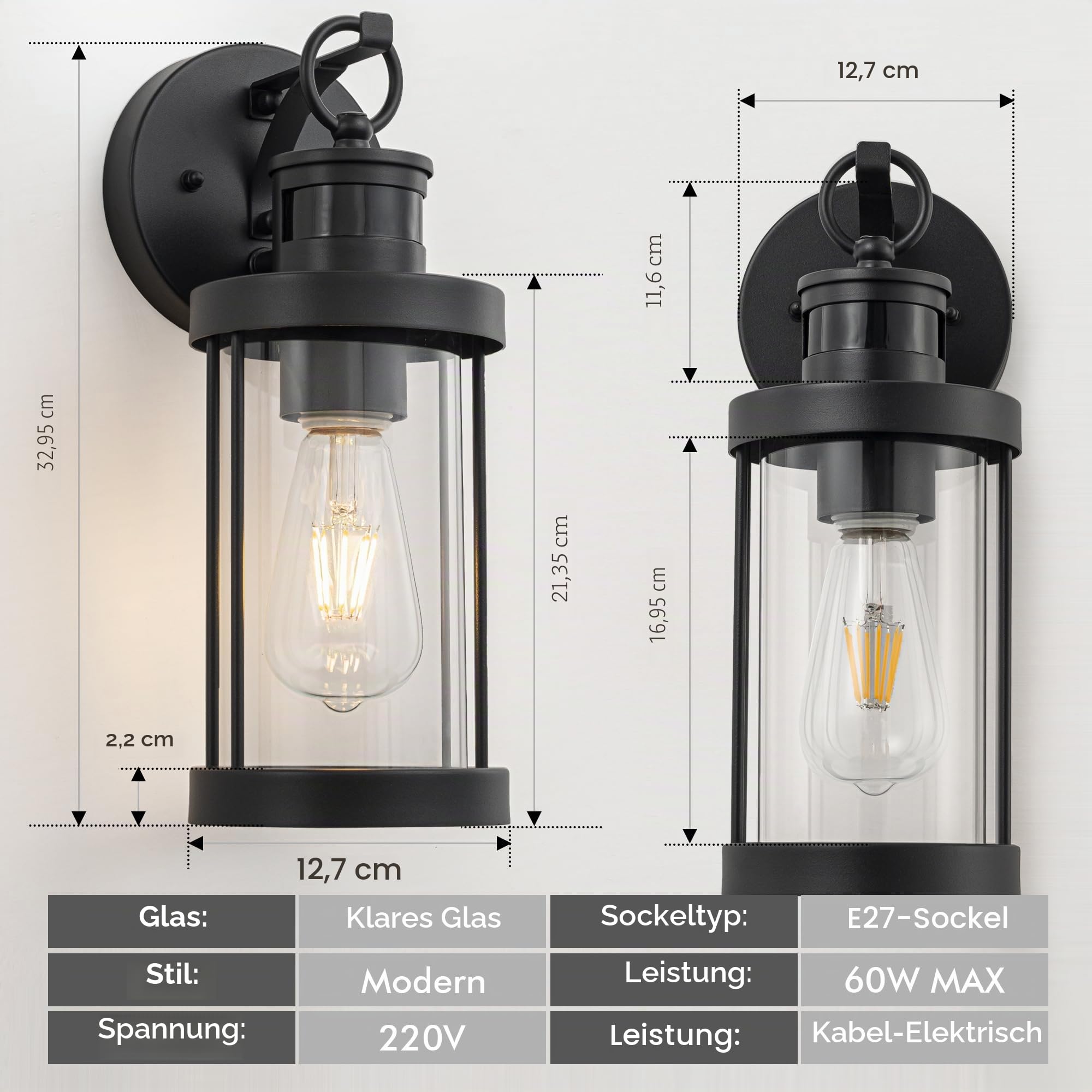 FTL Außenlampe mit Bewegungsmelder, Modern 3 Beleuchtungsmodi Lampe mit Bewegungsmelder Aussen, Wasserdichtes E27 Außenwandleuchte, Ausenbeleutung Hauswand für Terrasse, Veranda, Mattschwarz