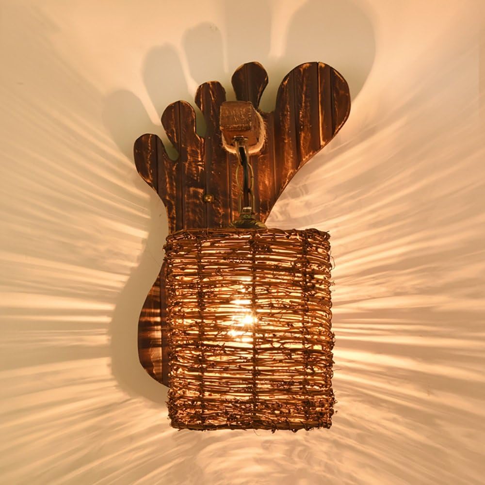 LXSEHN American Retro Hand-Woven Grass Rattan Pedal Wood Wall lamp Corridor Light Aisle bar Wall lamp Bedside lamp Bedroom Wall lamp Living Room lamp Illumination Lamps Lanterns (Color : B4386)