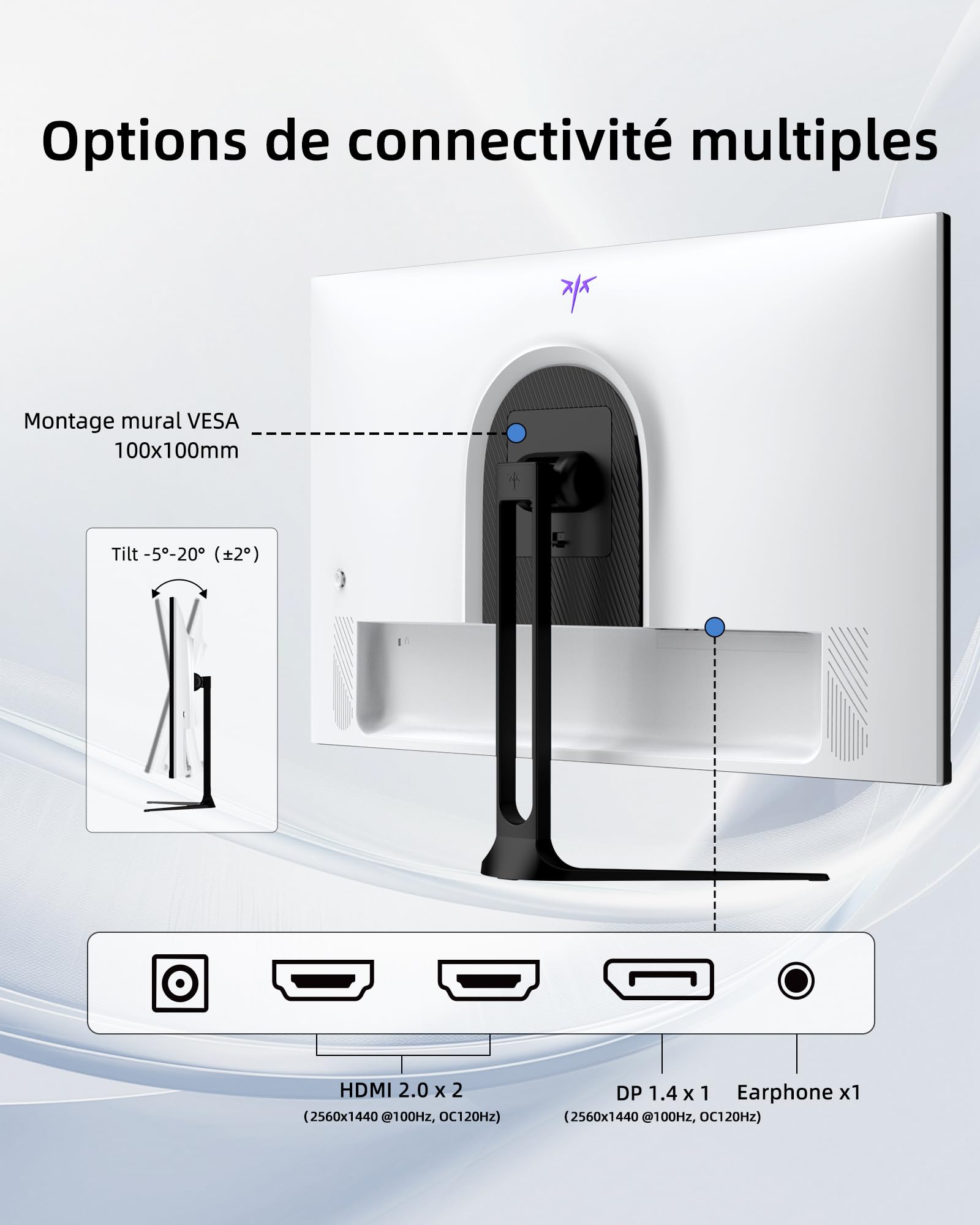 KTC Écran PC 32 Pouces, QHD 2K 2560×1440, 120 Hz OC, Blanc, Dalle IPS, 99% sRGB, 85% DCI-P3, ΔE<2, HDR10, Faible Lumière Bleue, VESA 100×100, HDMI, DP, pour Bureau, Design, Étude et Loisirs