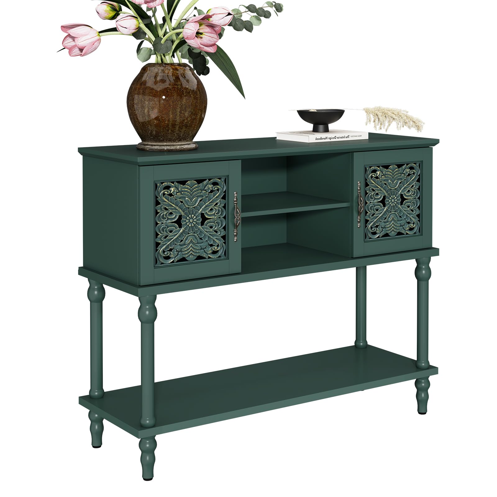 HOLTICO Mesa Consola,Mesa Auxiliar,con Almacenamiento,con 2 armarios de Estilo clásico,Compartimentos Abiertos,Patas de Madera Maciza,para salón,Entrada,Pasillo,107x36x86 cm,Verde