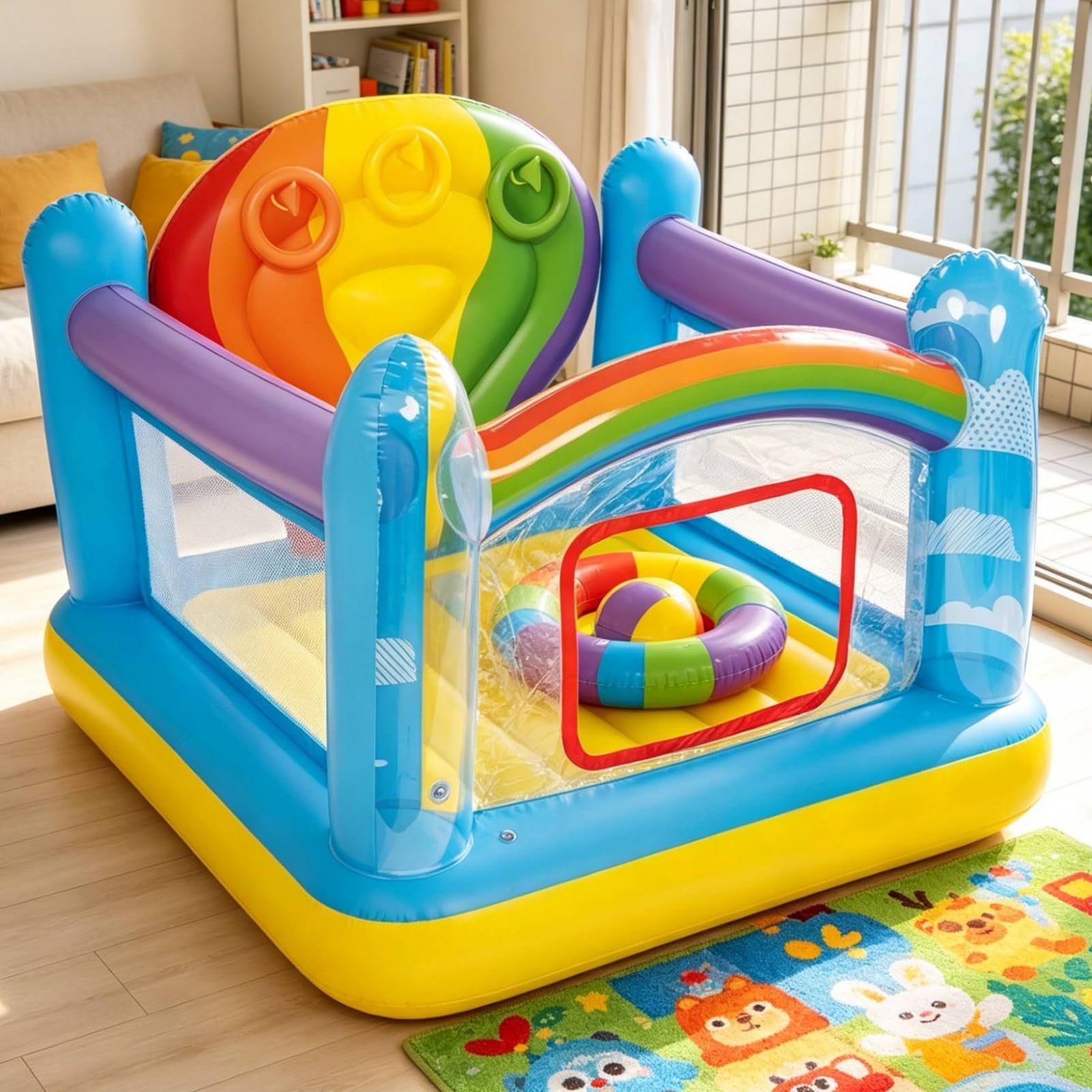 Castello Gonfiabile per Bambini Casa Saltellante Bouncer Zona Gioco Interna Materiale PVC Fondo Ammortizzato Laterali Struttura Compatta Accesso
