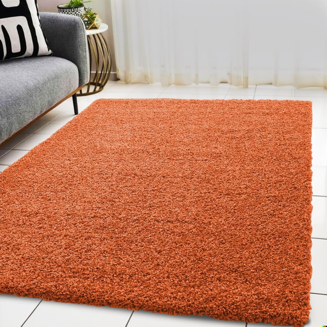 Living Room Rugs – 5cm Extra Thick Shaggy Rug – Soft Plain Area Rug, Luxurious Modern Carpet for Hall, Bedroom, Kitchen (Orange, 120x170cm)