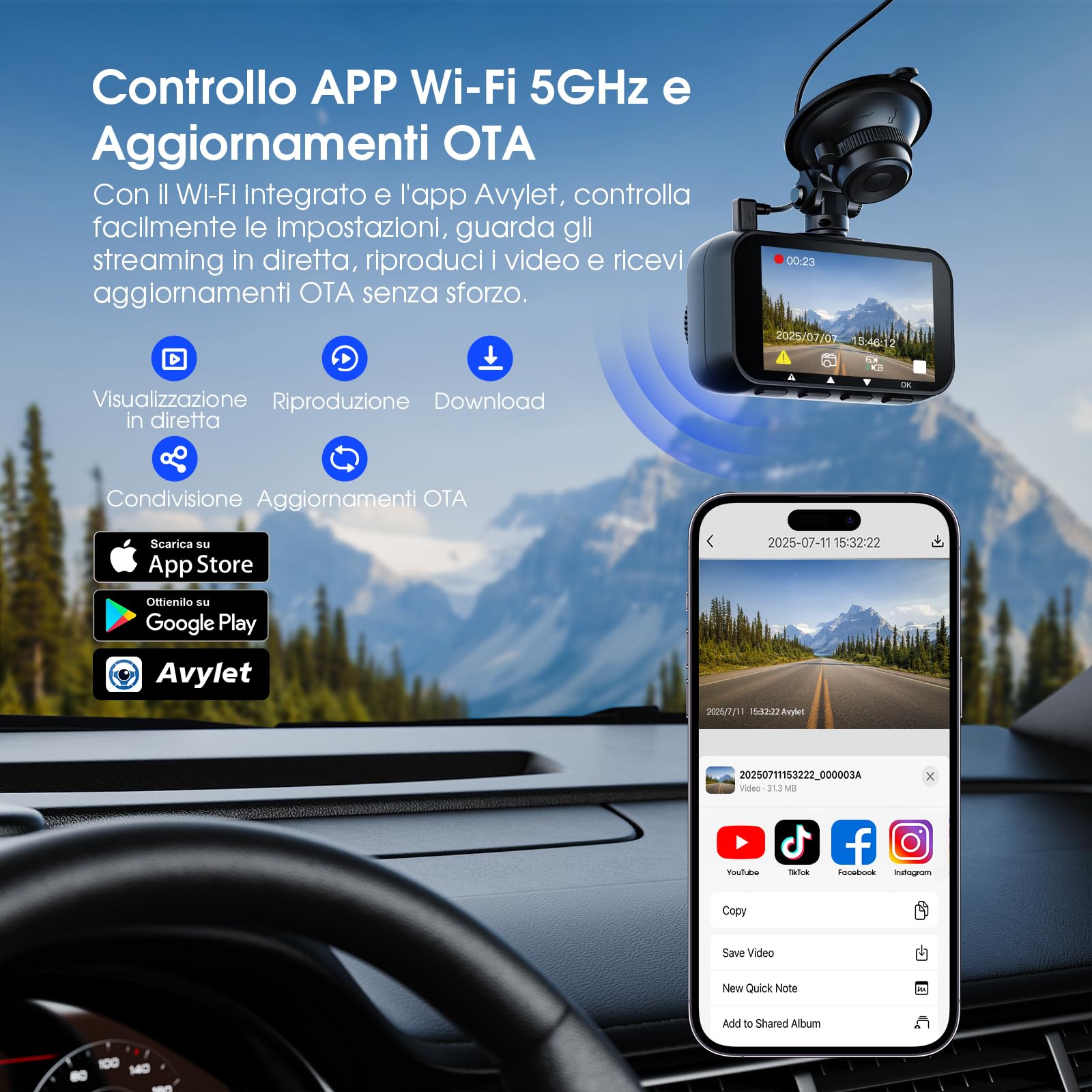 Avylet Dash Cam Auto 4K/2.5K+1080P,5GHz WiFi Doppia Dashcam Con 64G Scheda,Telecamera per Auto IPS 2.8”,ADAS Corsia Assist,170° Grandangolo,24H Parcheggio,Visione Notturna,G-Sensor,Registrazione Ciclo