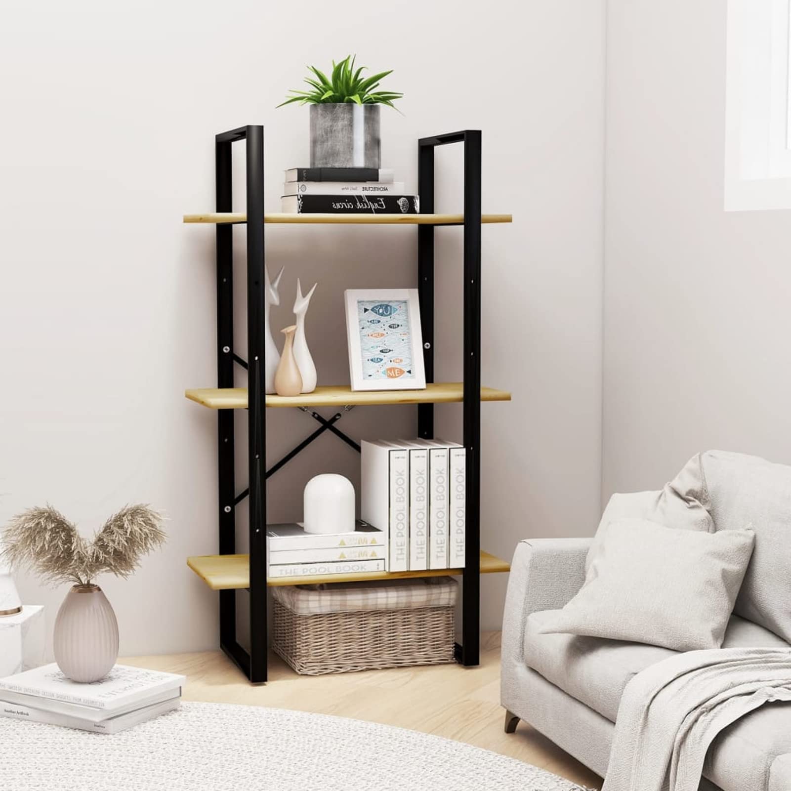 Lagerregal, Regal Kinderzimmer, Bookshelf, Leiterregal, Standregal, Wandregal, Aktenregal, DVD Regal, 60x30x105 cm Massivholz Kiefer