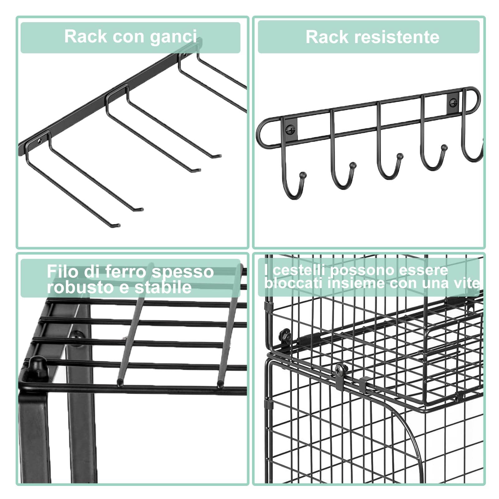 Mensola da garage a parete con cesti metallici, resistente scaffalatura da parete per garage con porta attrezzi da giardino e ganci, ripiani in filo metallico per garage, vialetto da giardino