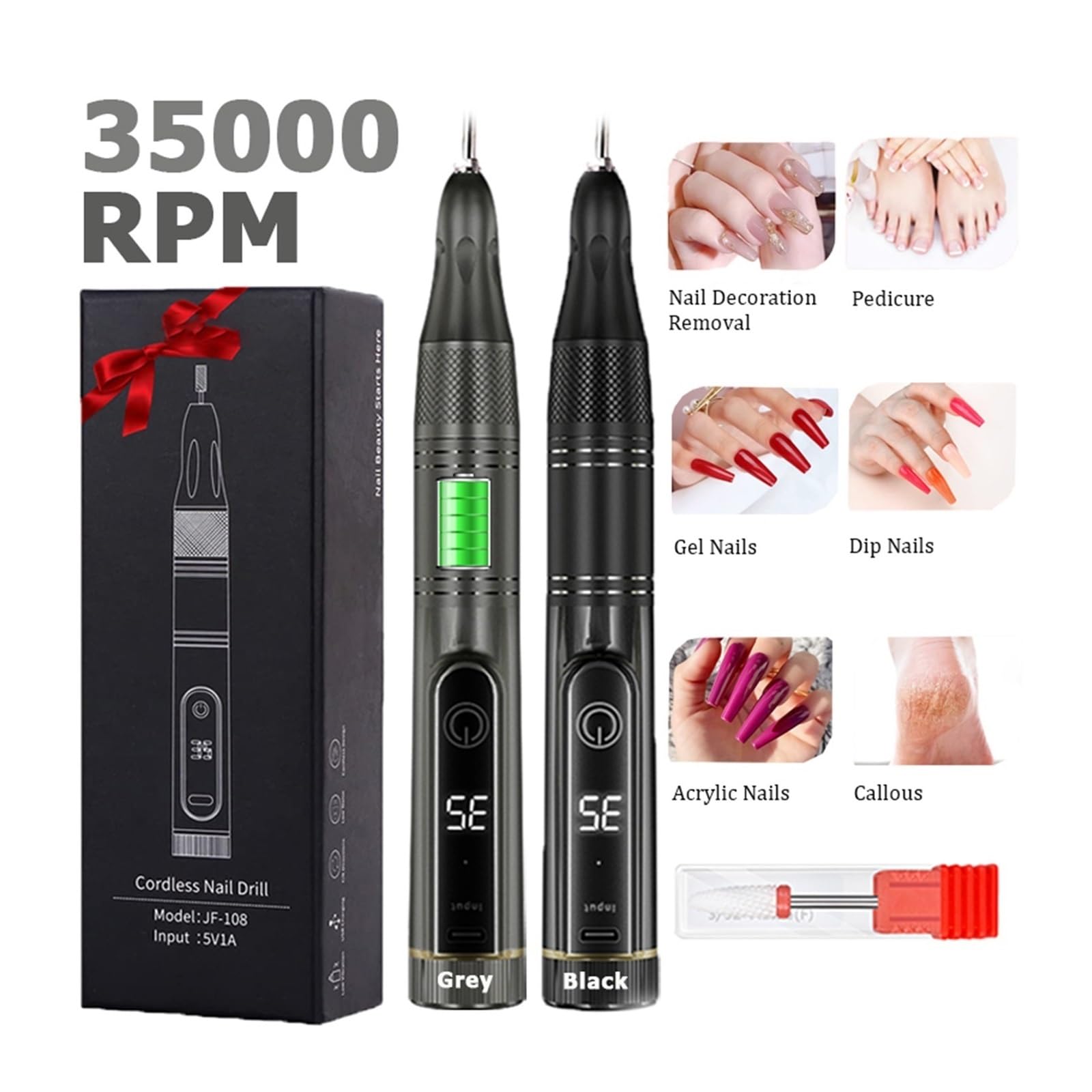 Lima Elettrica For Trapano For Unghie Senza Fili, Professionale For In Polvere For Immersione In Gel Acrilico Kit Portatile For For For Manicure Pedicure , Basse vibrazioni(108-Grey)
