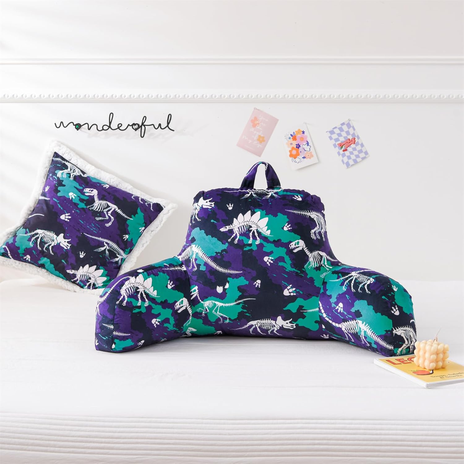 Aimuan Dinosaurs Reading Pillow Bed Rest Wedge Backrest Pillow with Arms Back Support for Sitting Up in Bed Cushion Incline Rest Sleeping Snoring Pillow (Navy-Cyan)