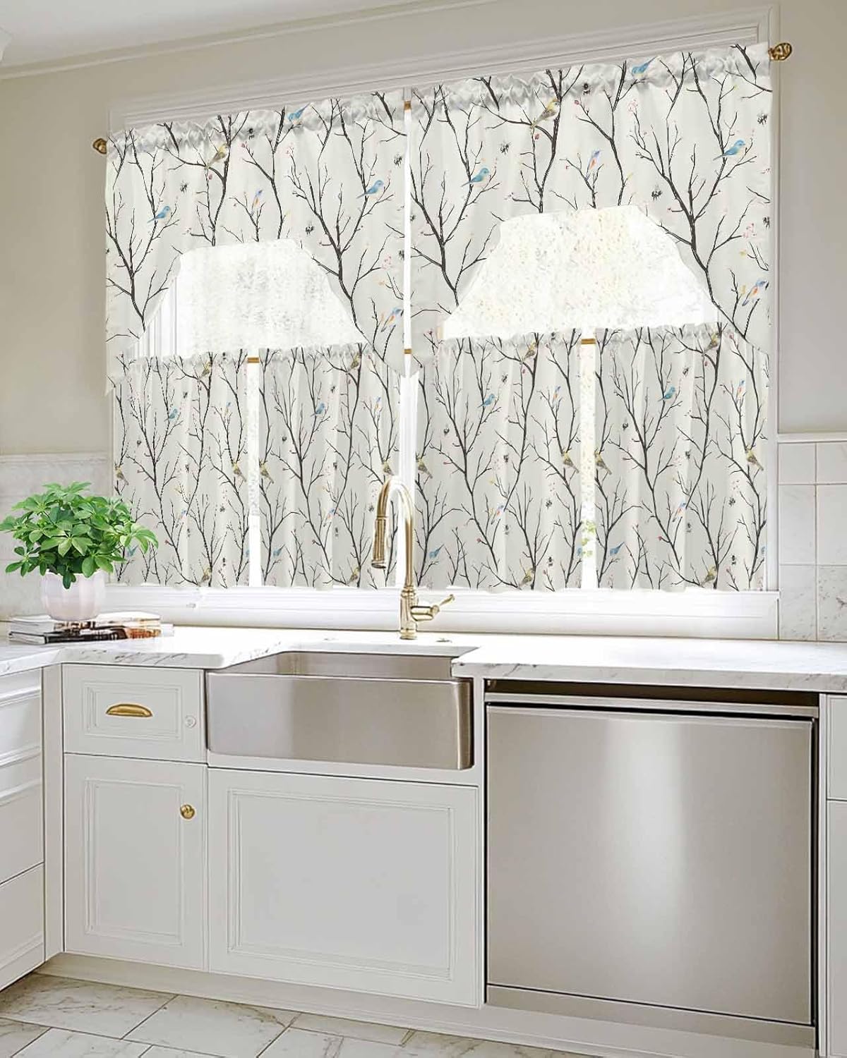 Swag Kitchen Curtains and Valances Set Bird Swag Curtain Valances and Tier Set Vintage Floral Tree Branch Rod Pocket Curtain Drapes for Kitchen Living Room Bedroom Window Treatment 56"x36"+27.5"x36"