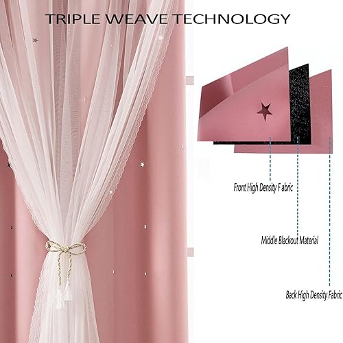 Miniatura 5 de Cortinas opacas de doble capa para sala de estar, dormitorio, cortinas opacas de doble capa de 63 pulgadas de largo, con recorte de estrellas,