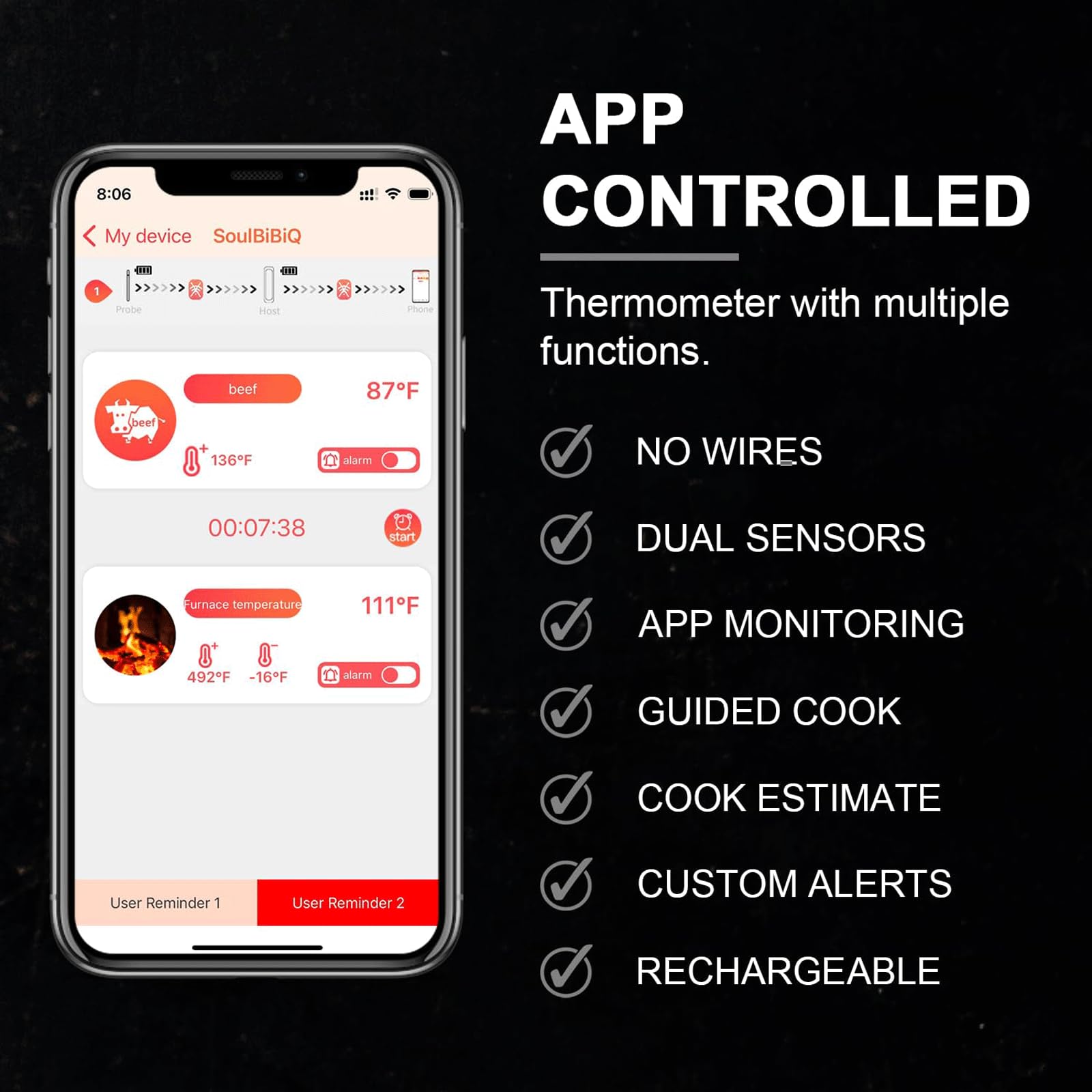 KRILLIQ Termómetro para Carne controlado por aplicación Bluetooth, termómetro para Barbacoa, termómetro LCD de Lectura instantánea Recargable para Parrilla y Cocina