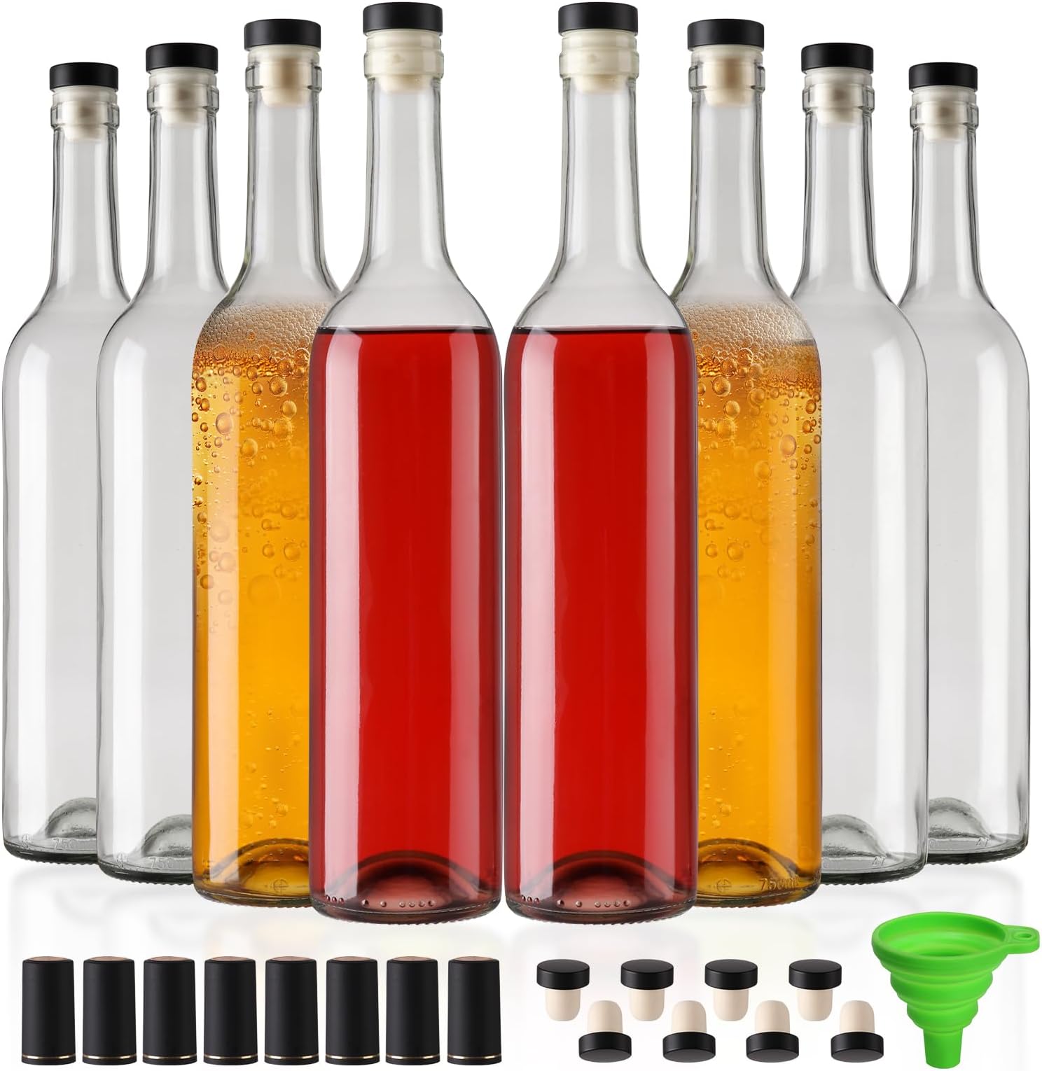 8 Pack 750 ml Clear Glass Bottles With T-top Caps & Seal Shrink Capsules, 25 oz Empty Wine Bottles with Funnel for Wine, Beverages, Juice & Kombucha