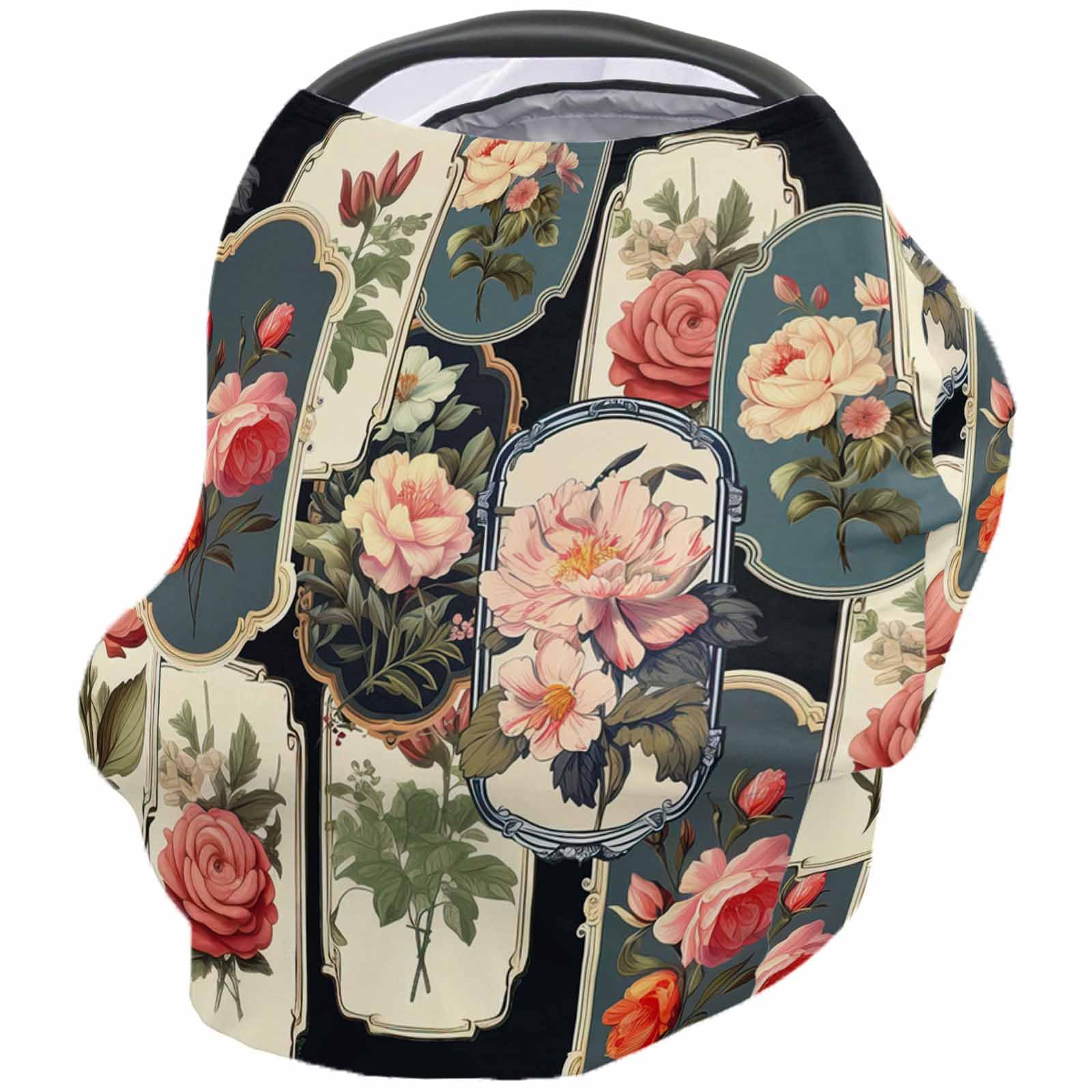 Green Blue Vintage Style Nursing Cover for Breastfeeding Scarf, Pink Boho Floral Baby Car Covers Super Soft Multi Use for Canopy Shopping Cart Cover Blanket Stroller Cover