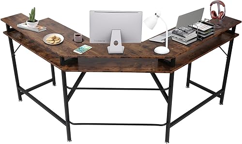 LUCKYERMORE Escritorio en forma de L para oficina en casa con soporte para monitor, escritorio de esquina para computadora, estación de trabajo,