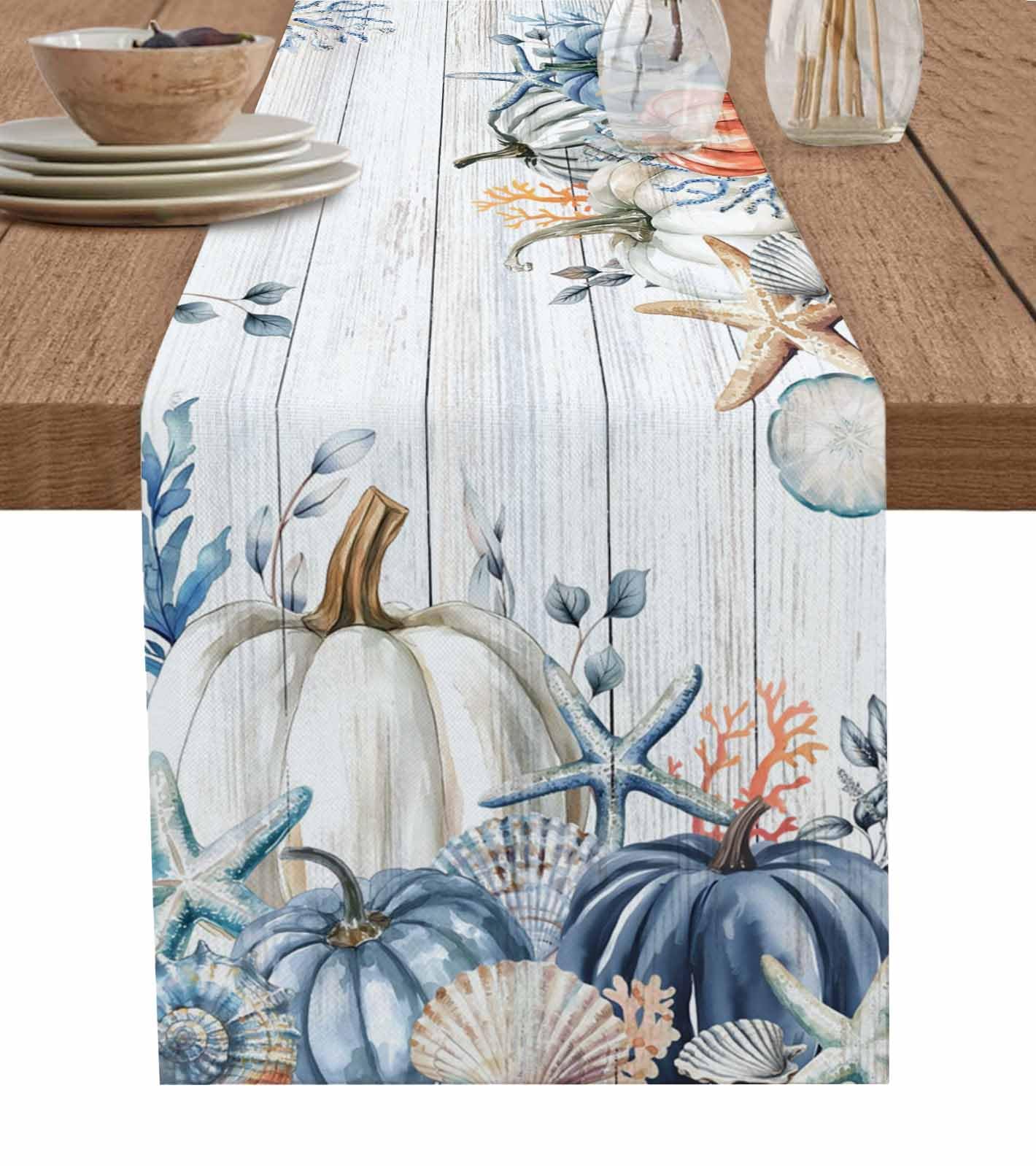 RisQiten Coastal Beach Fall Table Runner - 72 Inch Long Thanksgiving Pumpkins Maple Leaf Vintage Blue Cotton Linen Dress Scarves Farmhouse Table